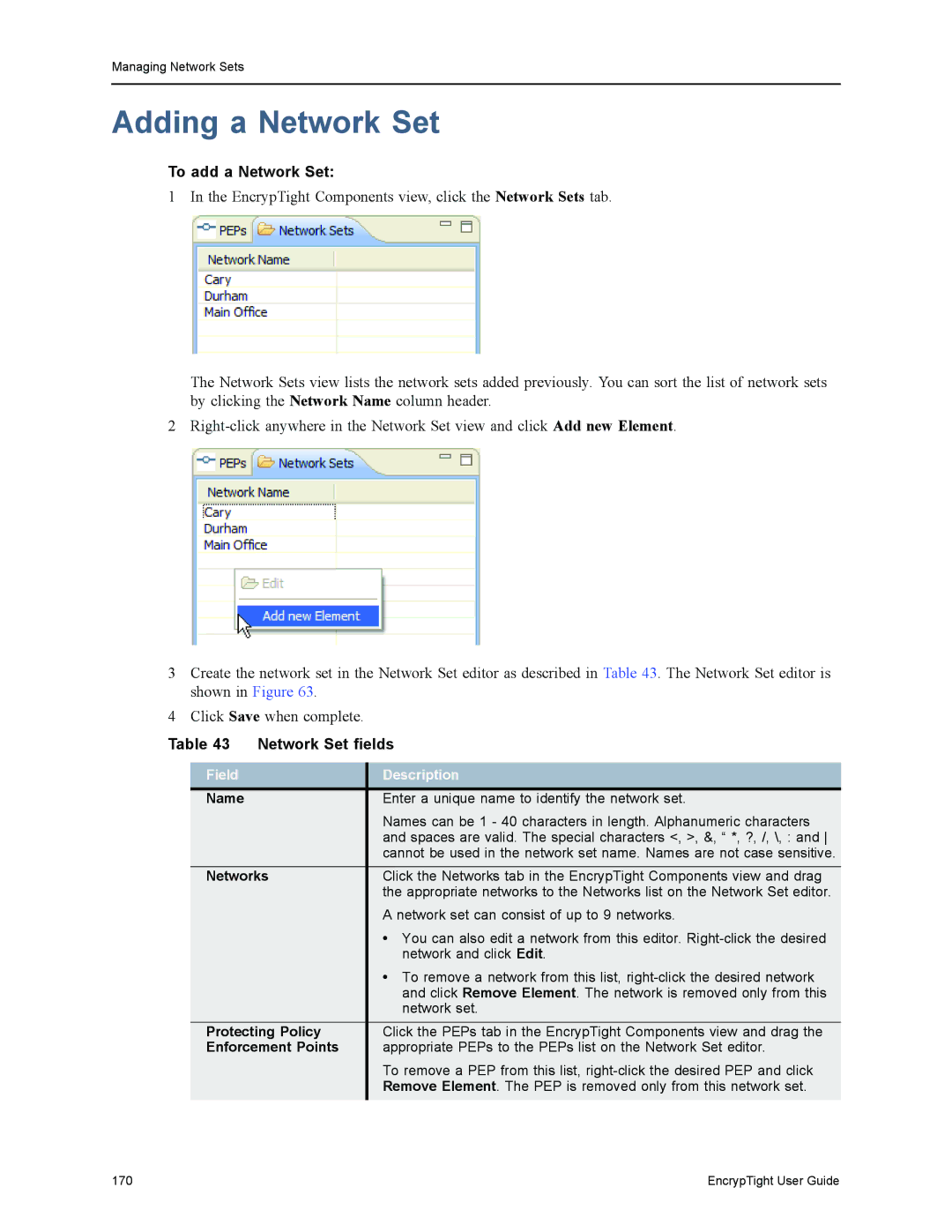 Black Box ET0010A, ET1000A, EncrypTight, ET0100A manual Adding a Network Set, To add a Network Set, Network Set fields 