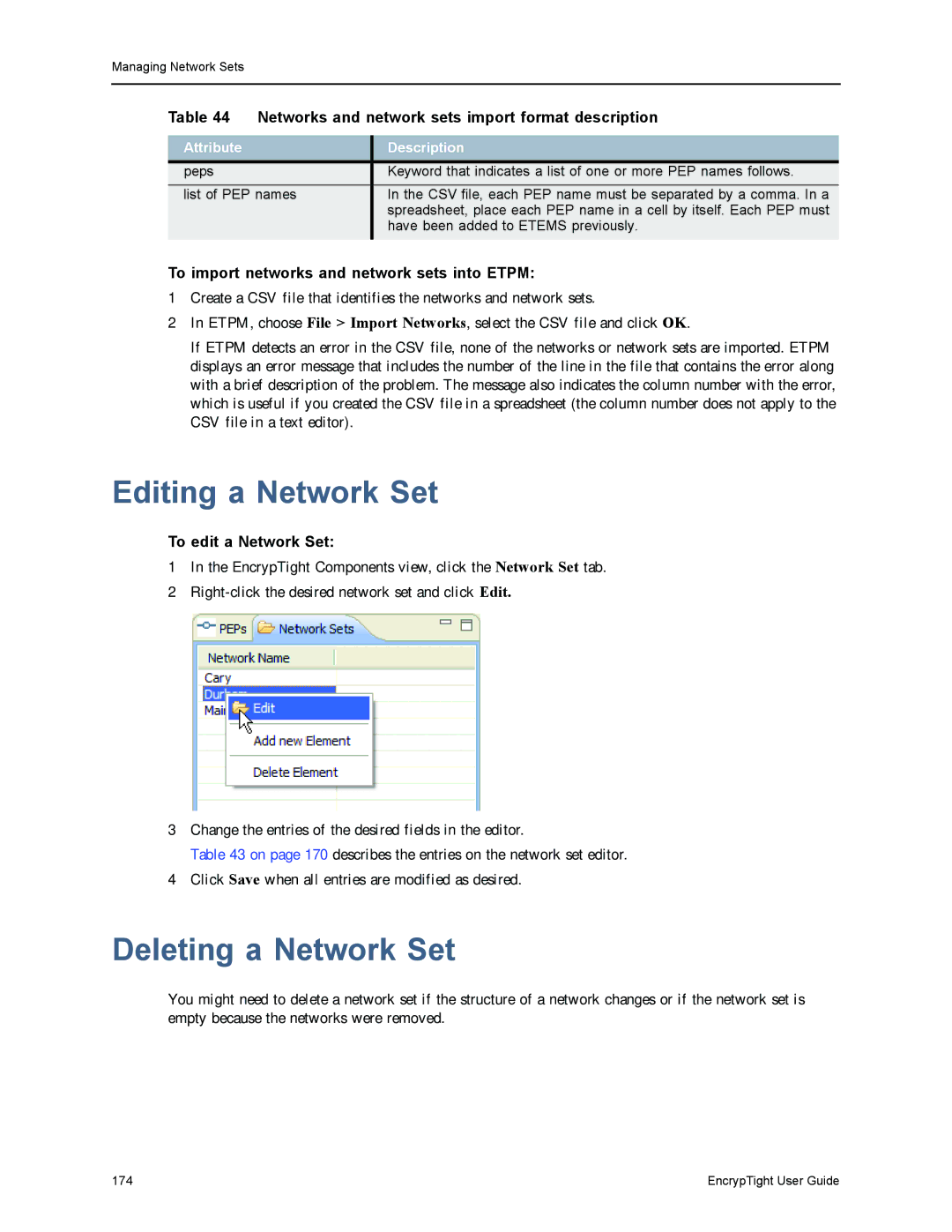 Black Box ET0010A, ET1000A Editing a Network Set, Deleting a Network Set, To import networks and network sets into Etpm 