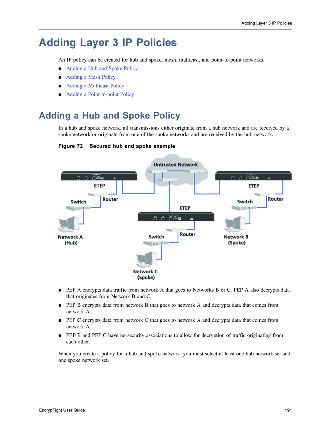 Black Box EncrypTight, ET1000A, ET0010A, ET0100A manual Adding Layer 3 IP Policies, Adding a Hub and Spoke Policy 