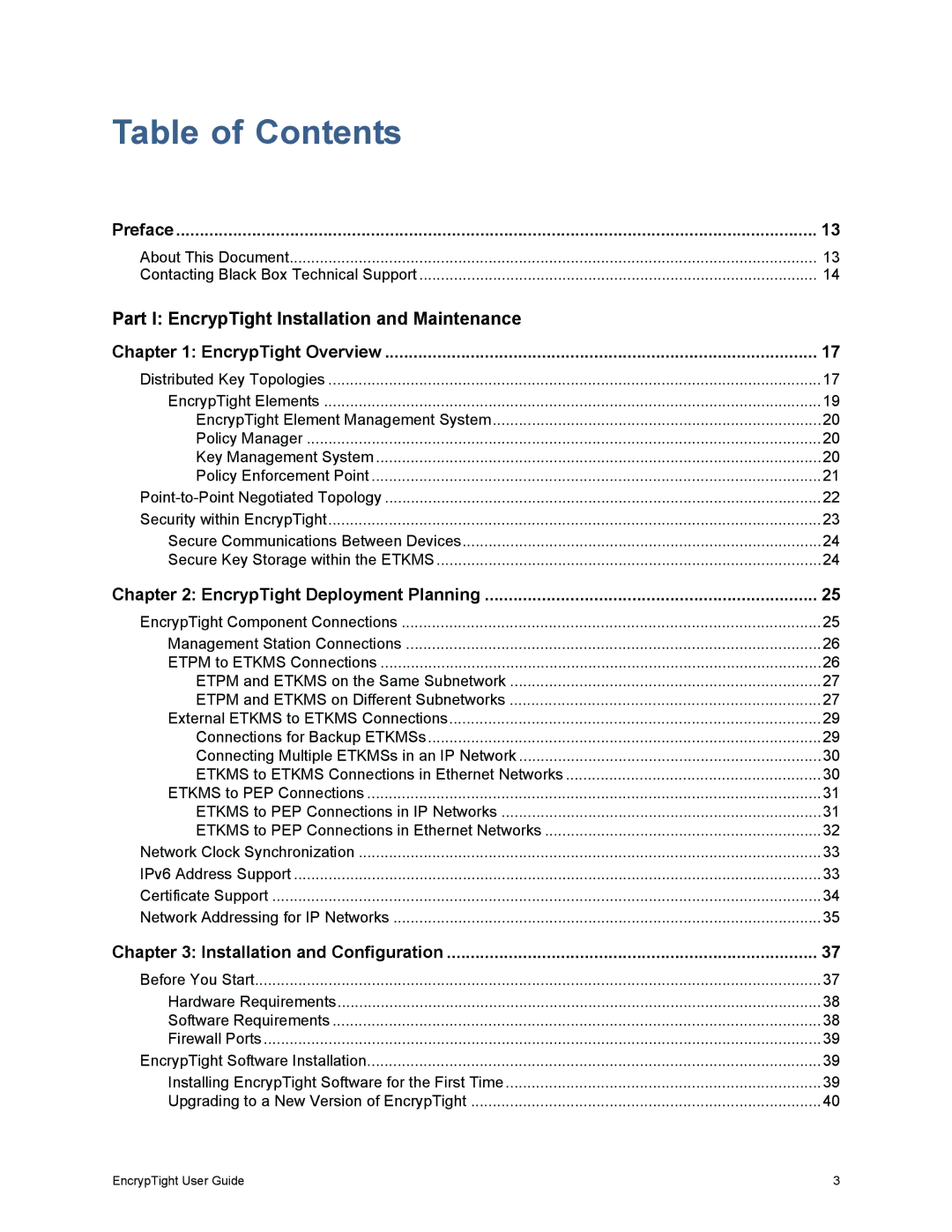 Black Box EncrypTight, ET1000A, ET0010A, ET0100A manual Table of Contents 