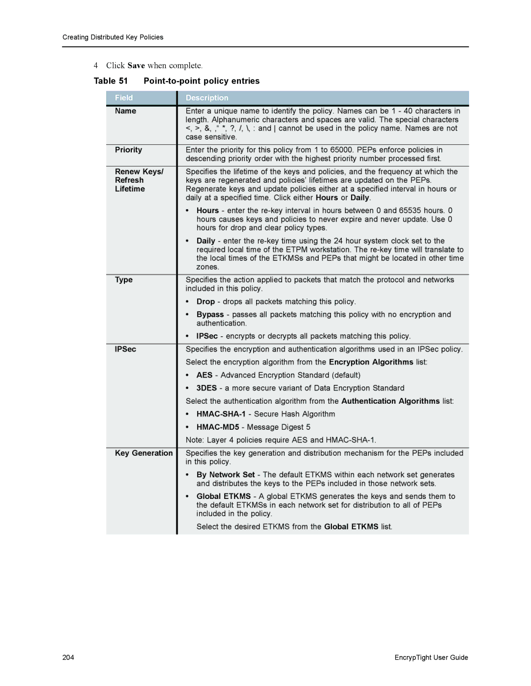 Black Box ET0100A, ET1000A, ET0010A, EncrypTight manual Point-to-point policy entries, Field Description 