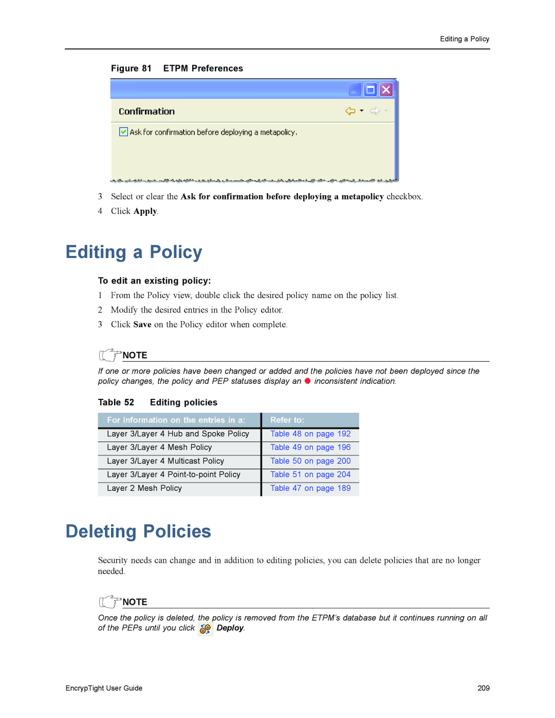 Black Box ET1000A, ET0010A, EncrypTight Editing a Policy, Deleting Policies, To edit an existing policy, Editing policies 