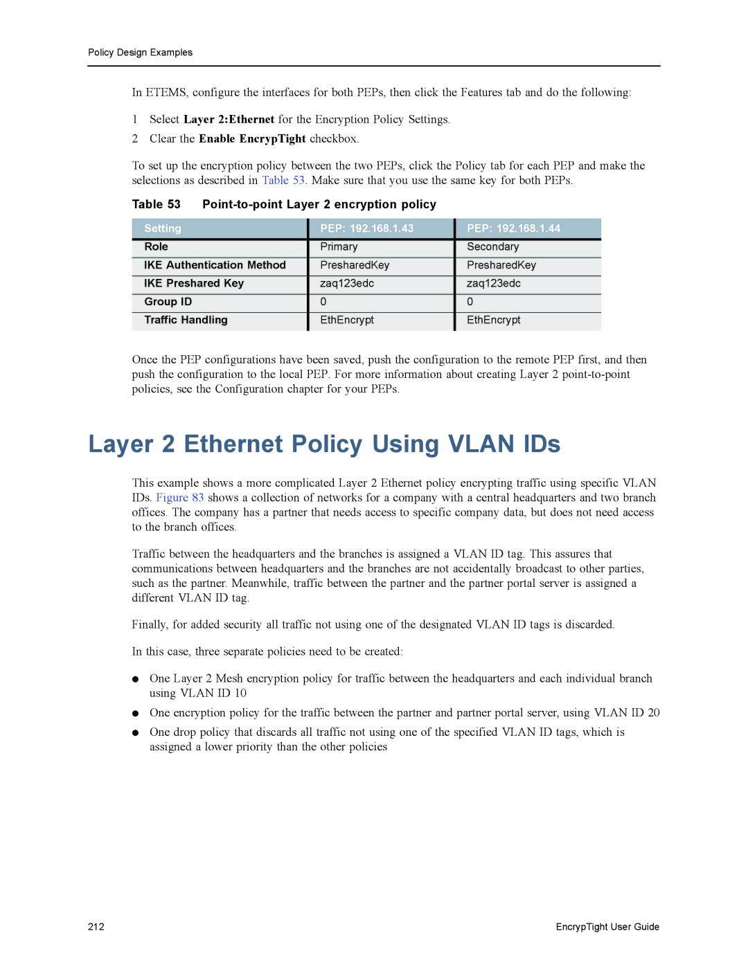 Black Box ET0100A, ET1000A Layer 2 Ethernet Policy Using Vlan IDs, Point-to-point Layer 2 encryption policy, Setting PEP 