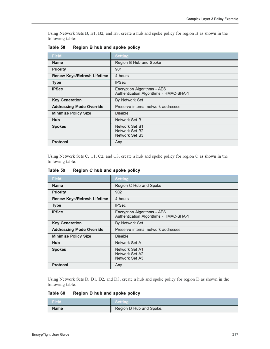 Black Box ET1000A manual Region B hub and spoke policy, Region C hub and spoke policy, Region D hub and spoke policy, Field 