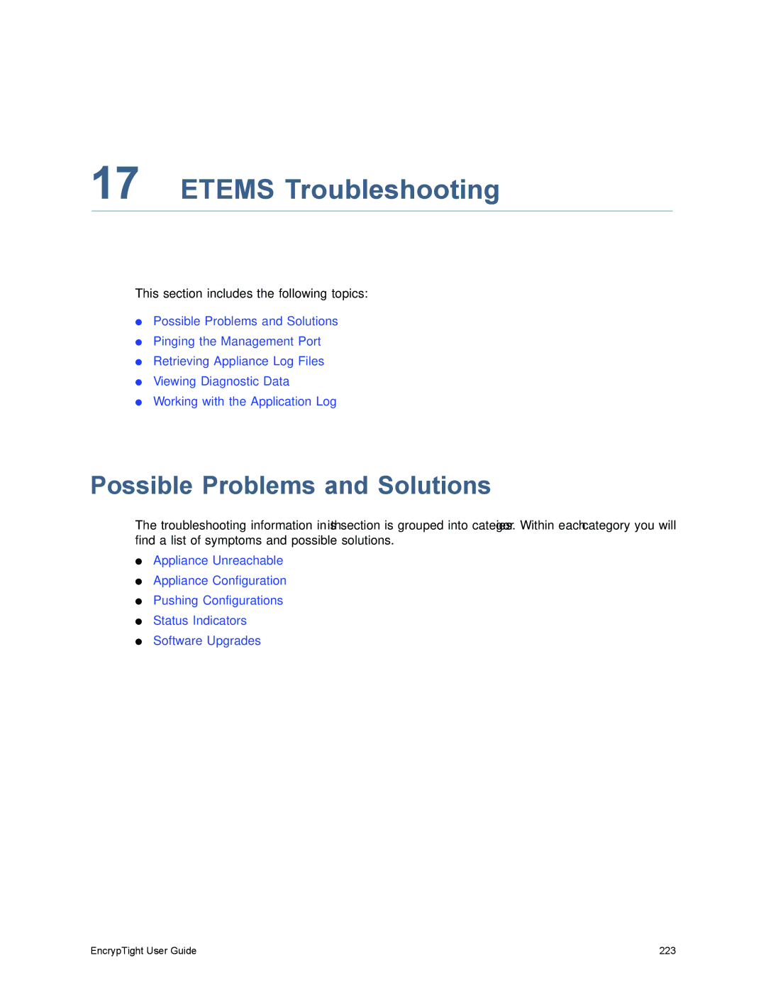 Black Box EncrypTight, ET1000A, ET0010A, ET0100A manual Etems Troubleshooting, Possible Problems and Solutions 