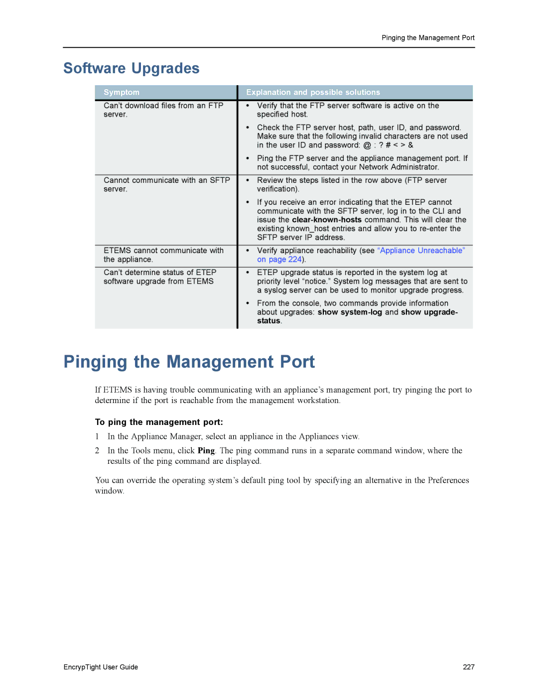 Black Box EncrypTight, ET1000A, ET0010A, ET0100A Pinging the Management Port, Software Upgrades, To ping the management port 