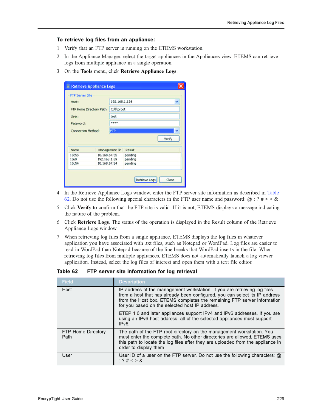 Black Box ET1000A, ET0010A manual To retrieve log files from an appliance, On the Tools menu, click Retrieve Appliance Logs 