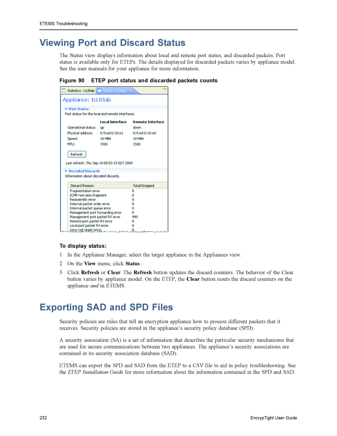 Black Box ET0100A, ET1000A, ET0010A, EncrypTight manual Viewing Port and Discard Status, Exporting SAD and SPD Files 