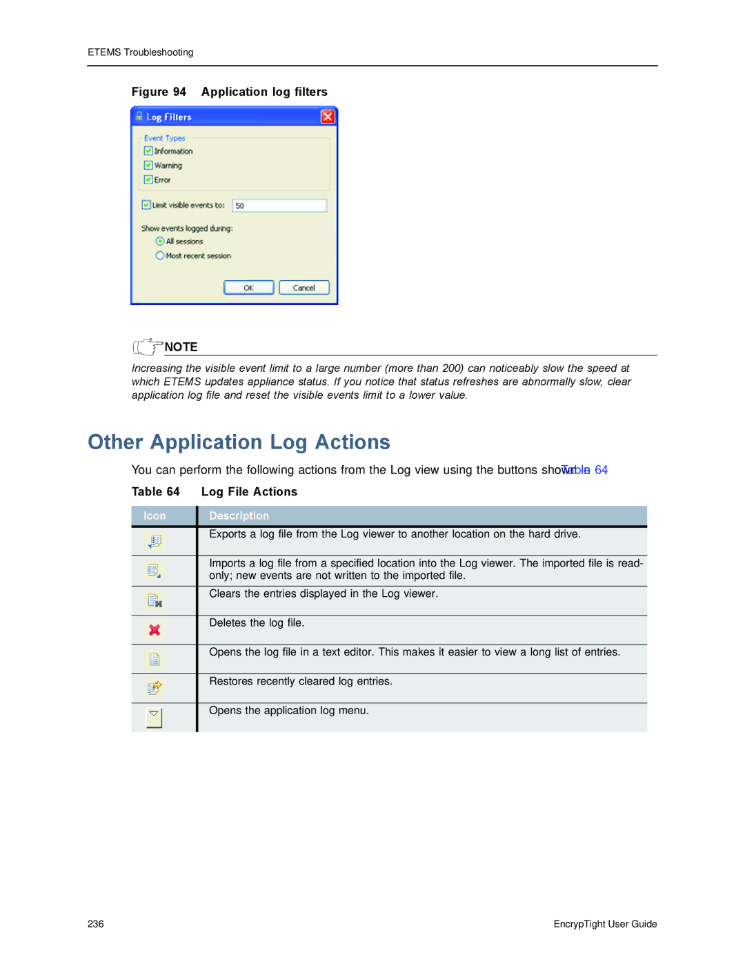 Black Box ET0100A, ET1000A, ET0010A, EncrypTight manual Other Application Log Actions, Log File Actions, Icon Description 