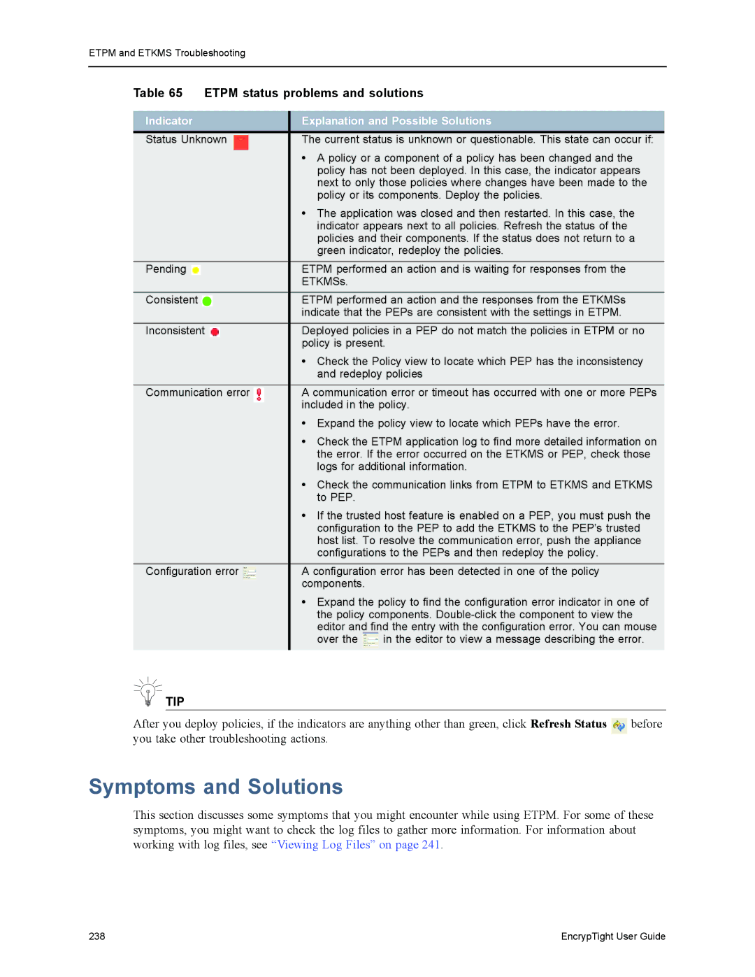 Black Box ET0010A, ET1000A, EncrypTight, ET0100A manual Symptoms and Solutions, Etpm status problems and solutions 