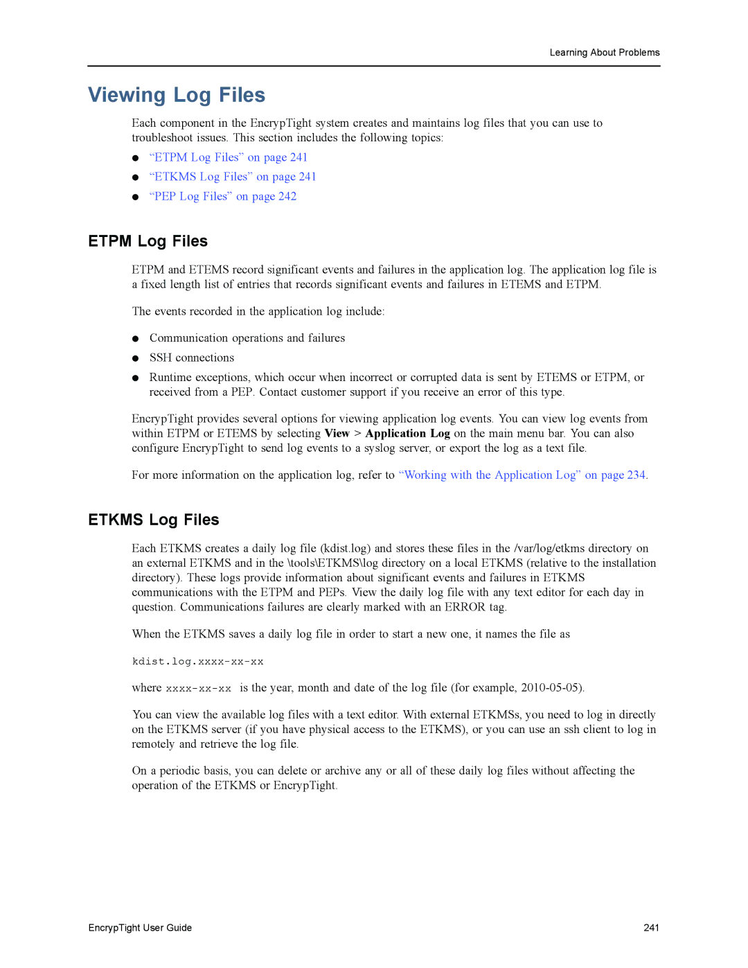 Black Box ET1000A, ET0010A, EncrypTight, ET0100A manual Viewing Log Files, Etpm Log Files, Etkms Log Files 