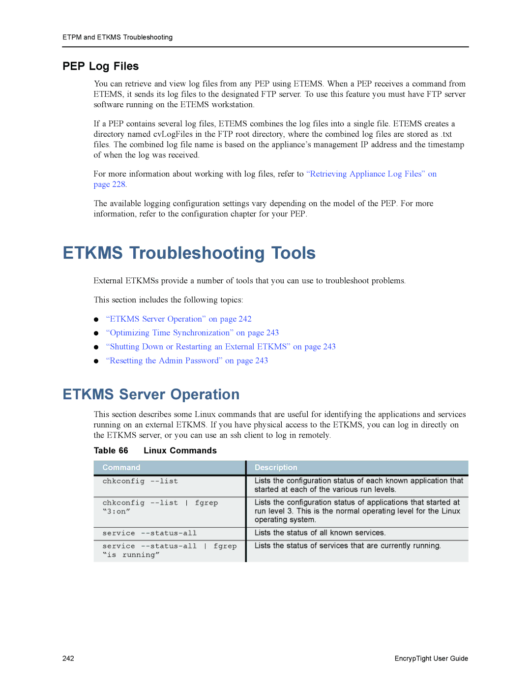 Black Box ET0010A Etkms Troubleshooting Tools, Etkms Server Operation, PEP Log Files, Linux Commands, Command Description 