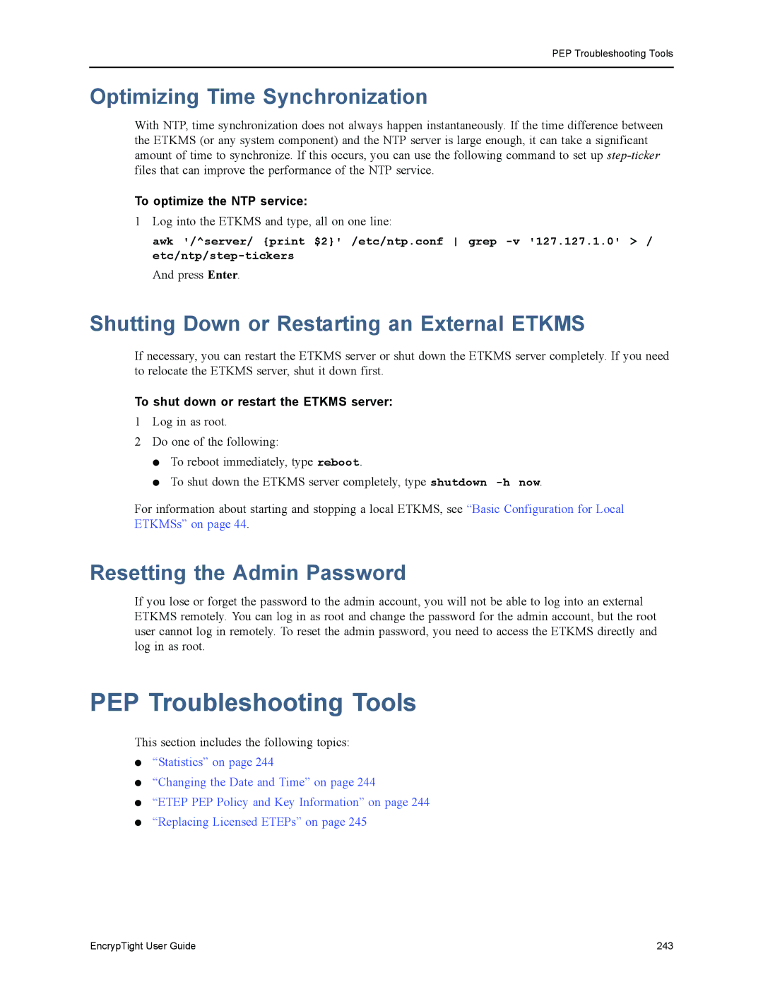 Black Box EncrypTight, ET1000A PEP Troubleshooting Tools, Optimizing Time Synchronization, Resetting the Admin Password 