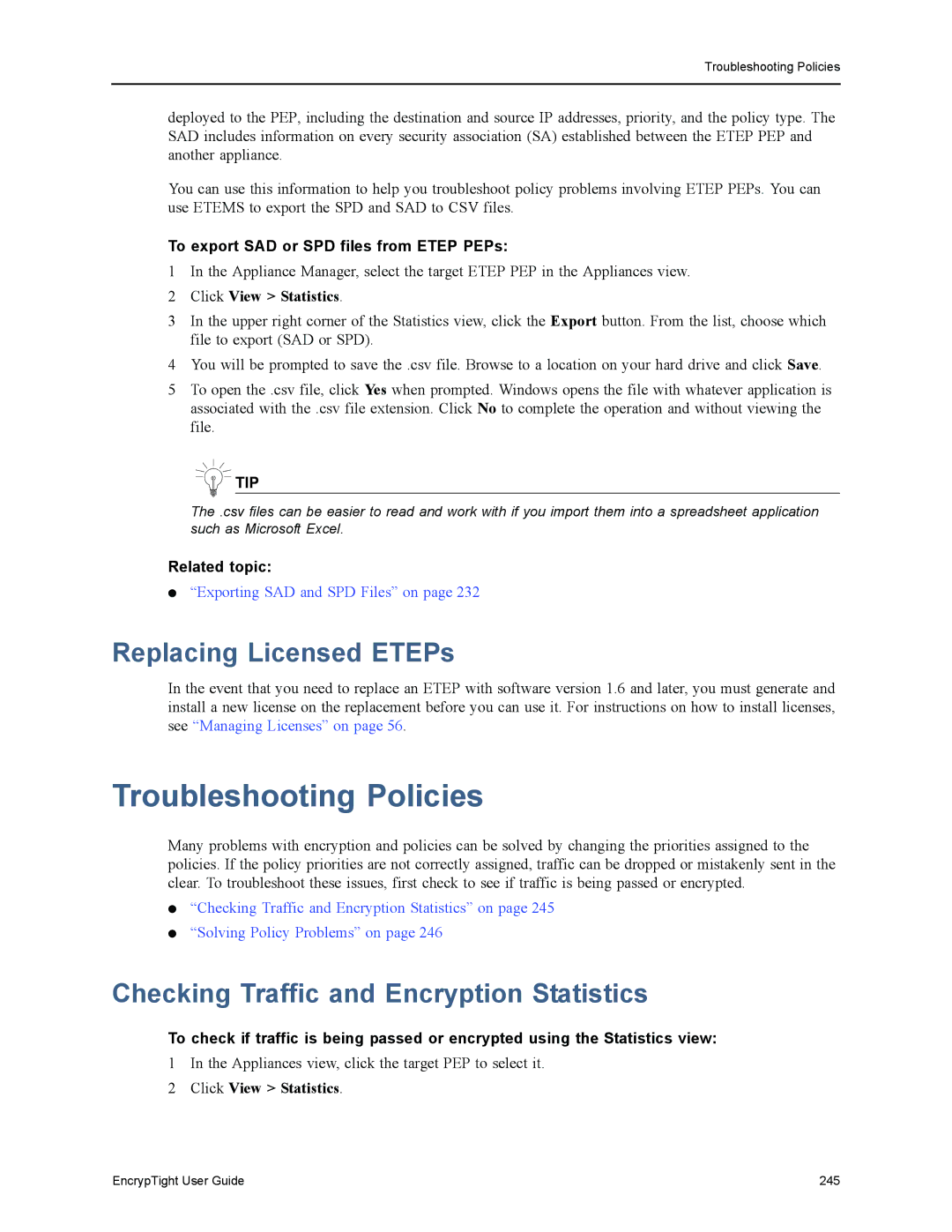 Black Box ET1000A Troubleshooting Policies, Replacing Licensed ETEPs, Checking Traffic and Encryption Statistics, Tip 