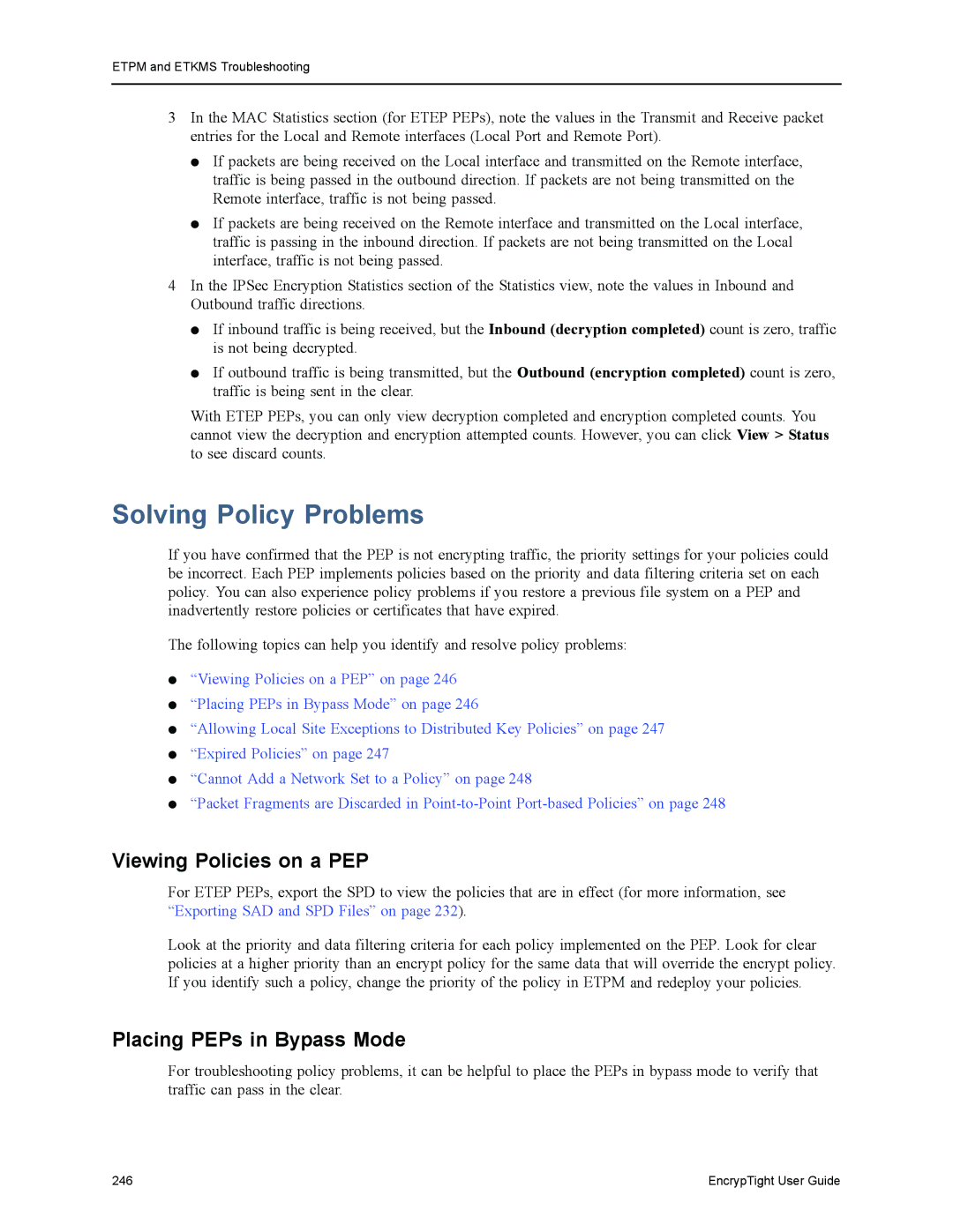 Black Box ET0010A, ET1000A, EncrypTight Solving Policy Problems, Viewing Policies on a PEP, Placing PEPs in Bypass Mode 