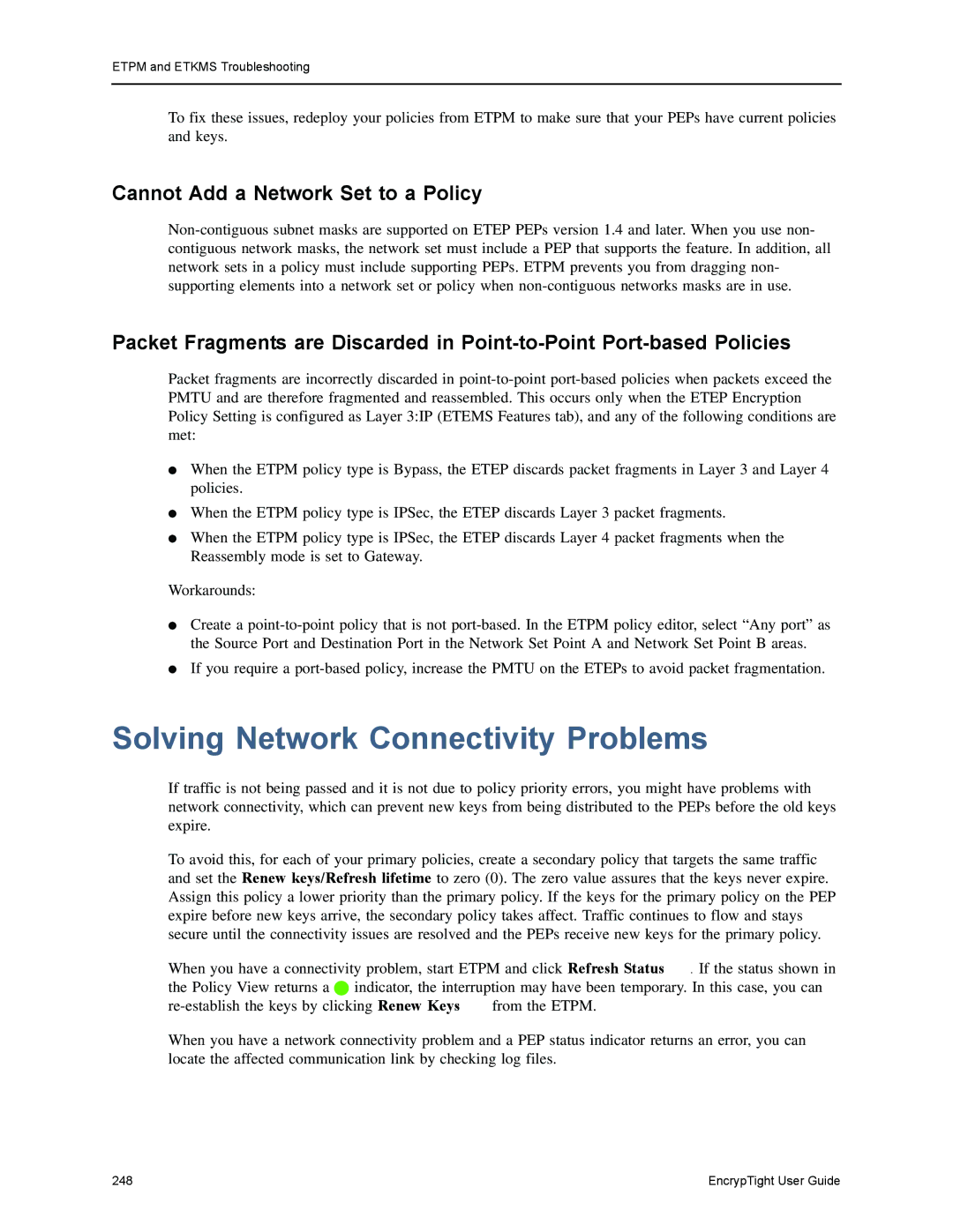 Black Box ET0100A, ET1000A, ET0010A, EncrypTight Solving Network Connectivity Problems, Cannot Add a Network Set to a Policy 