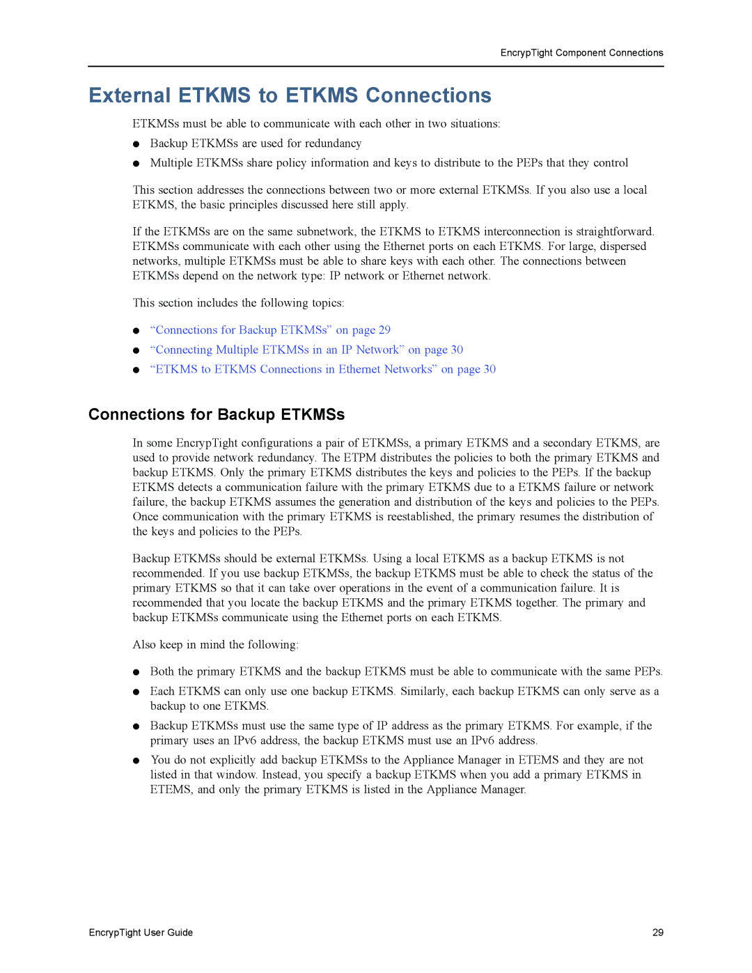 Black Box ET1000A, ET0010A, EncrypTight, ET0100A manual External Etkms to Etkms Connections, Connections for Backup ETKMSs 