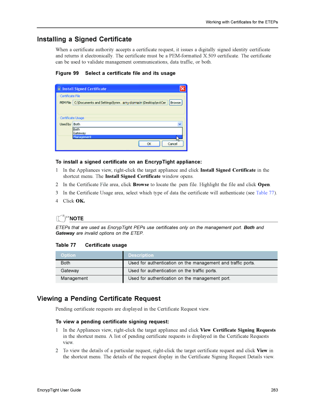 Black Box EncrypTight, ET1000A Installing a Signed Certificate, Viewing a Pending Certificate Request, Certificate usage 