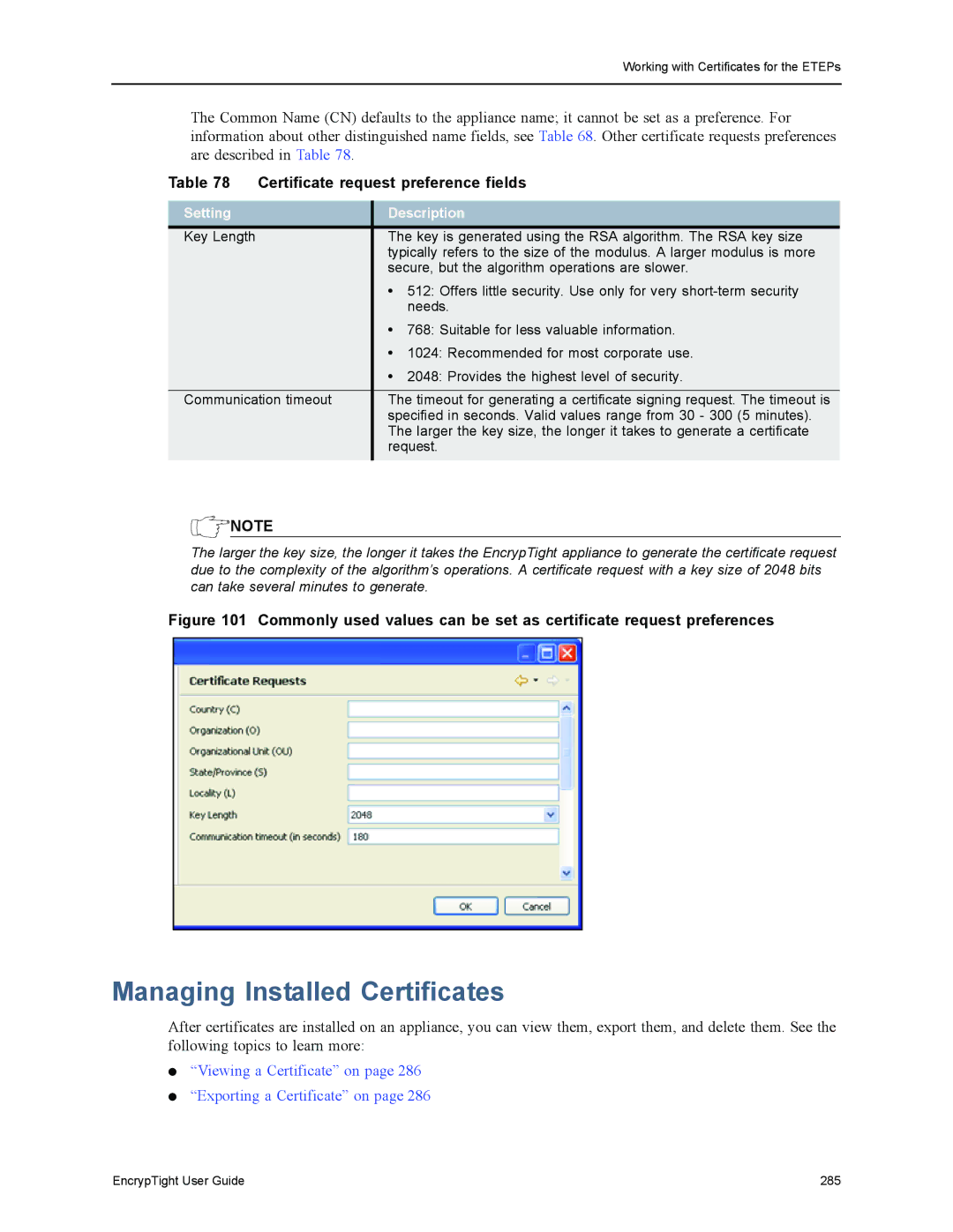 Black Box ET1000A, ET0010A, EncrypTight, ET0100A manual Managing Installed Certificates, Certificate request preference fields 