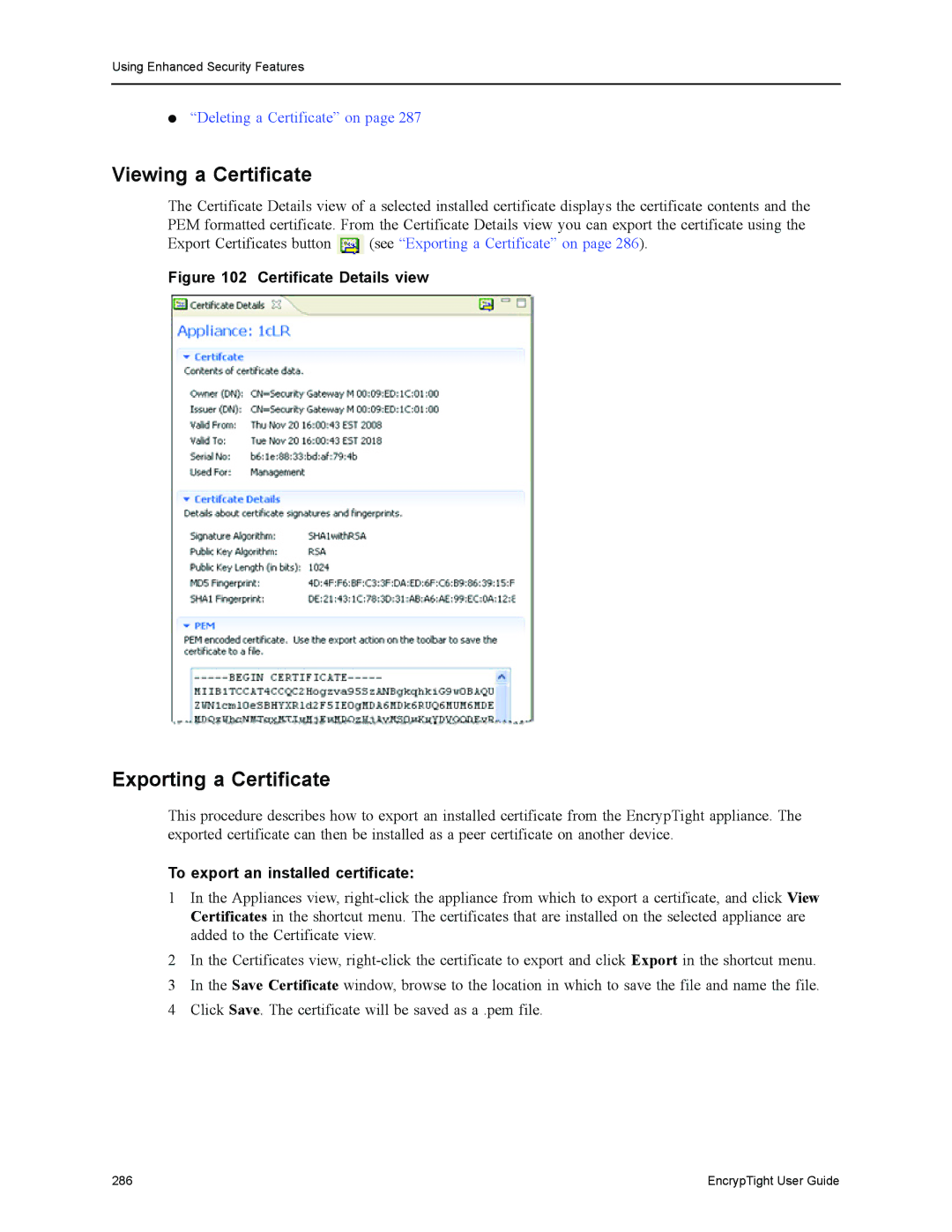 Black Box ET0010A, ET1000A, EncrypTight Viewing a Certificate, Exporting a Certificate, To export an installed certificate 