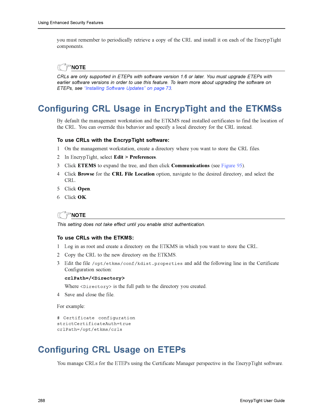 Black Box ET0100A, ET1000A, ET0010A Configuring CRL Usage in EncrypTight and the ETKMSs, Configuring CRL Usage on ETEPs 