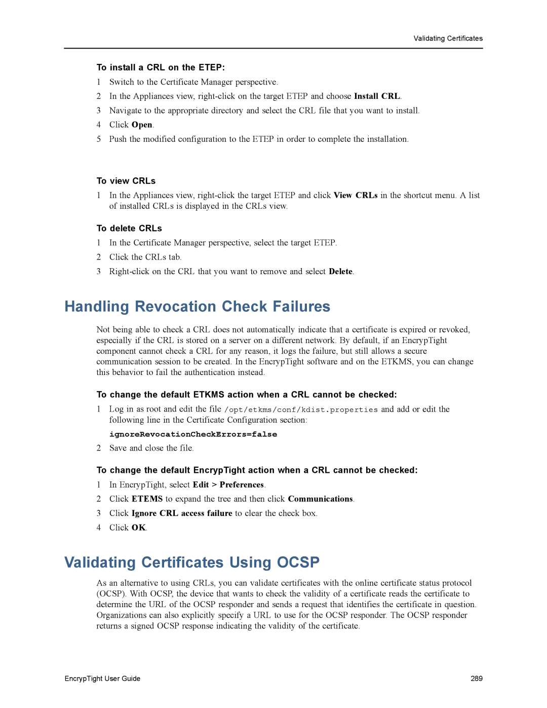 Black Box ET1000A Handling Revocation Check Failures, Validating Certificates Using Ocsp, To install a CRL on the Etep 