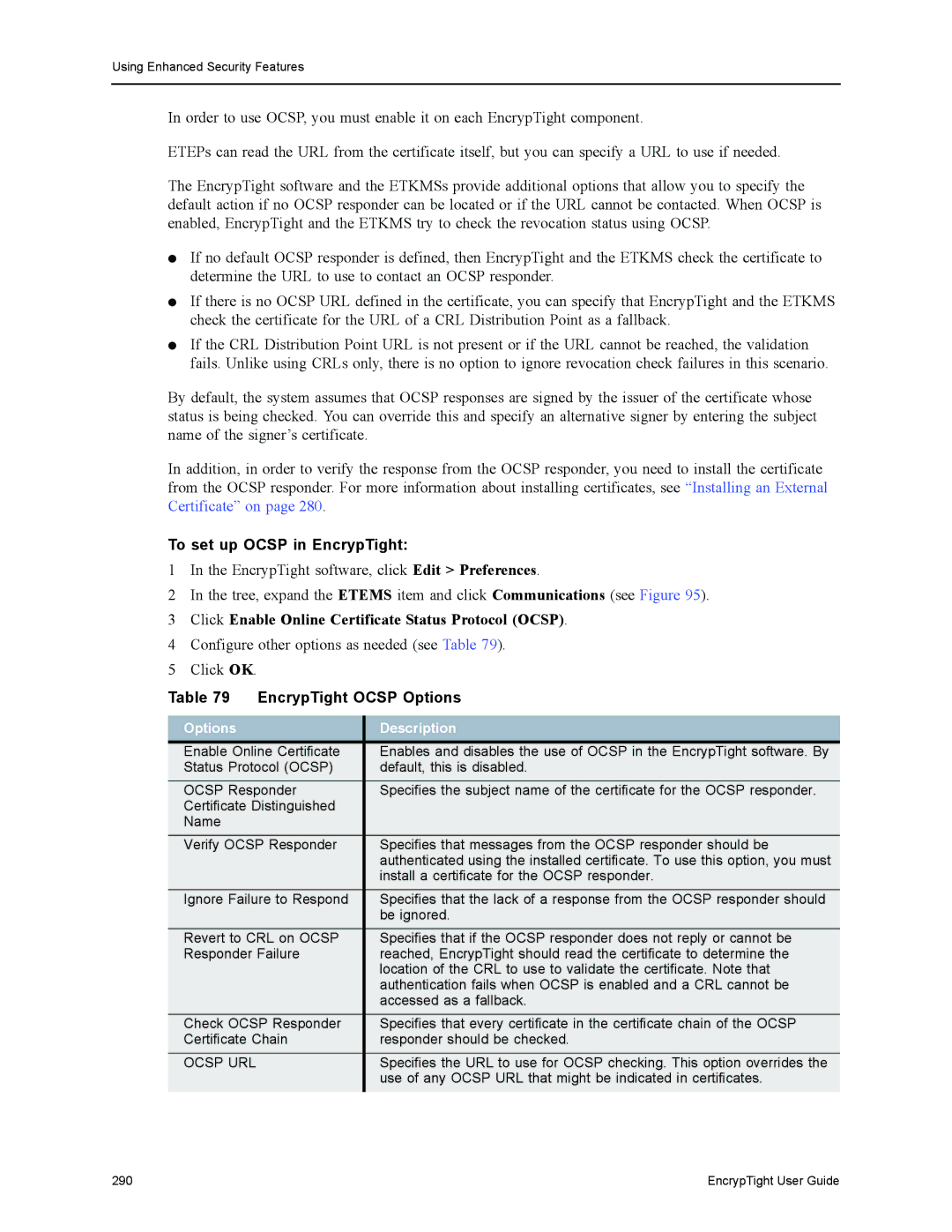 Black Box ET0010A To set up Ocsp in EncrypTight, Click Enable Online Certificate Status Protocol Ocsp, Options Description 