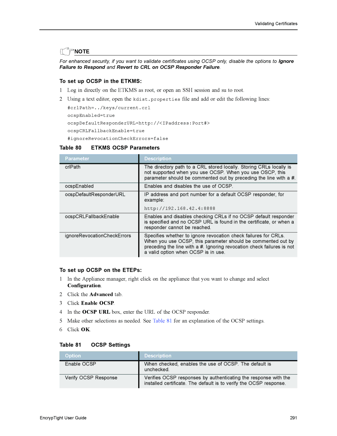 Black Box EncrypTight To set up Ocsp in the Etkms, Etkms Ocsp Parameters, To set up Ocsp on the ETEPs, Click Enable Ocsp 