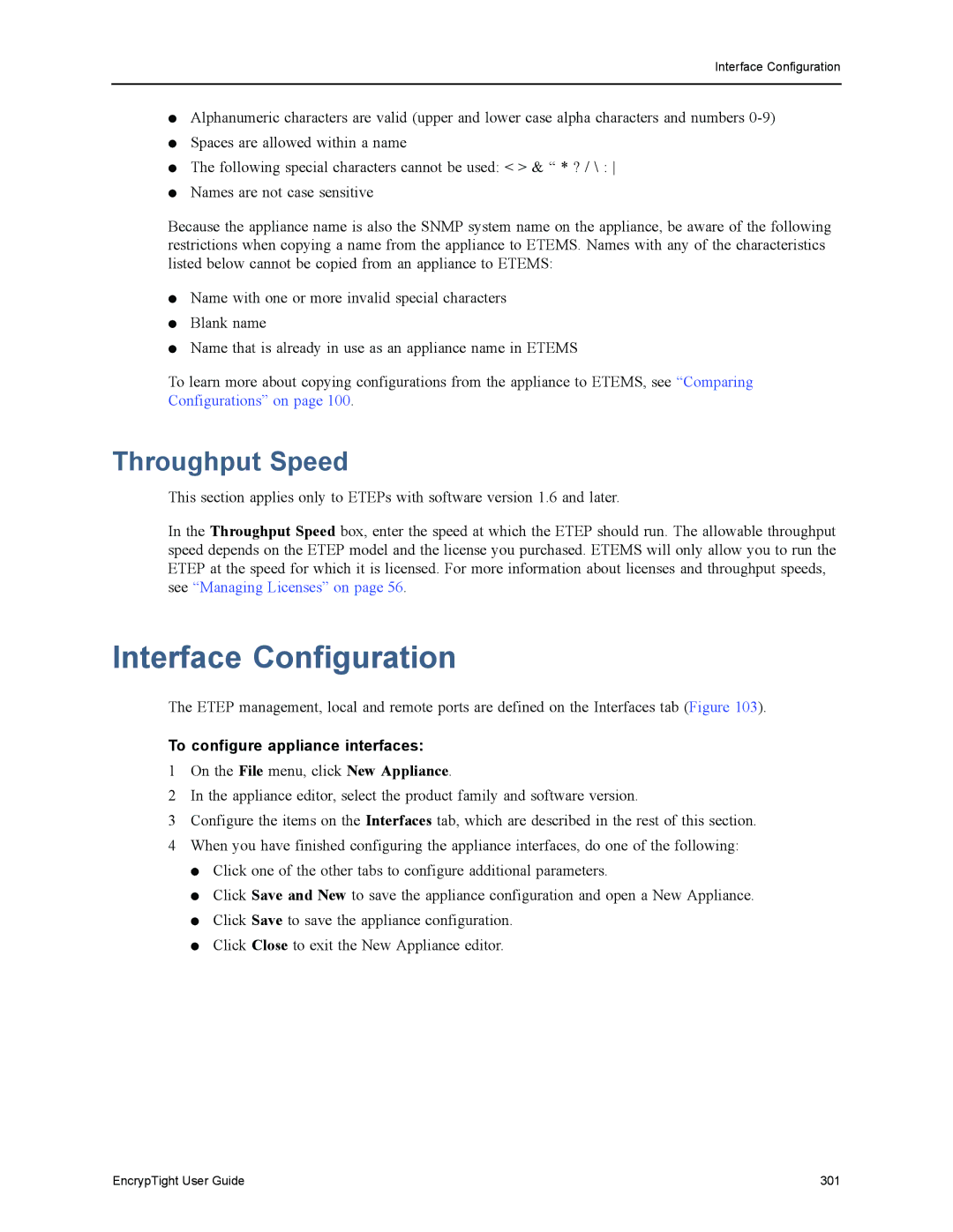 Black Box ET1000A, ET0010A, EncrypTight manual Interface Configuration, Throughput Speed, To configure appliance interfaces 