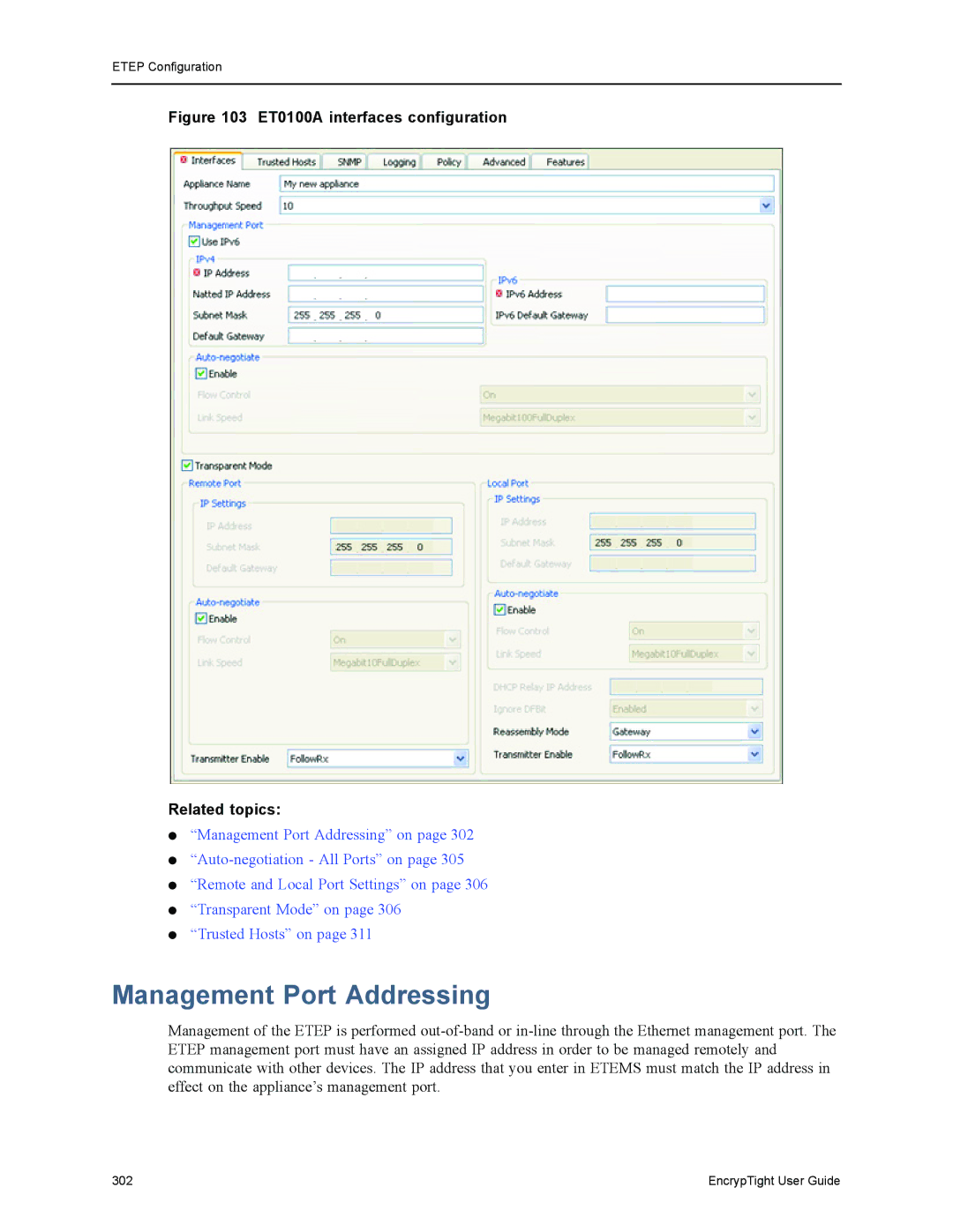 Black Box ET0010A, ET1000A, EncrypTight manual Management Port Addressing, ET0100A interfaces configuration Related topics 