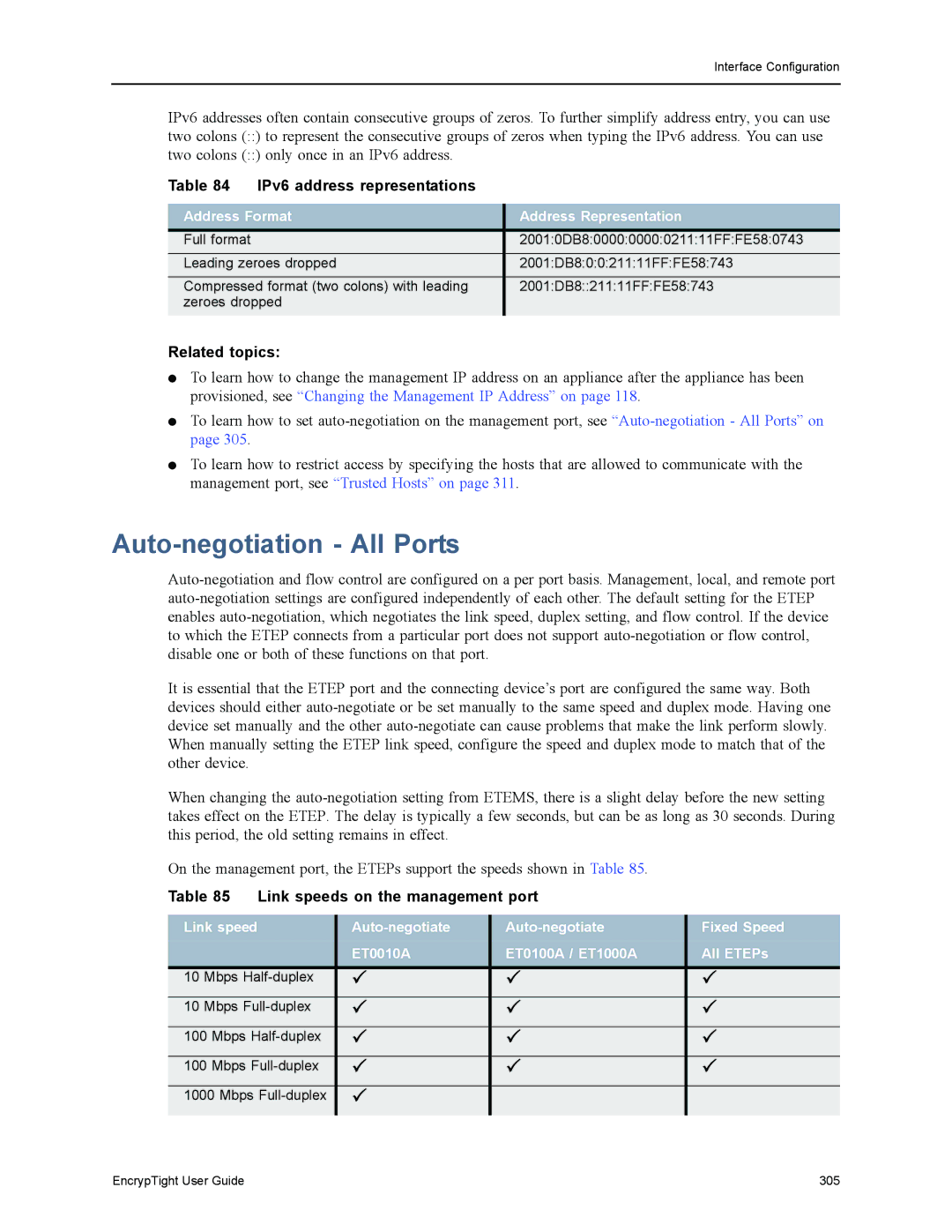 Black Box ET1000A, ET0010A, EncrypTight, ET0100A manual Auto-negotiation All Ports, Link speeds on the management port 