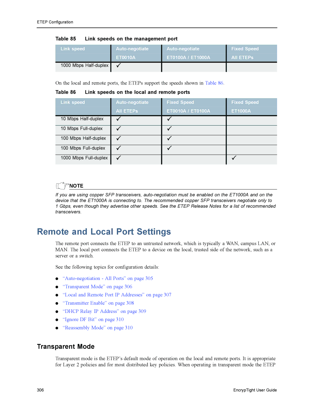 Black Box ET0010A, ET1000A Remote and Local Port Settings, Transparent Mode, Link speeds on the local and remote ports 