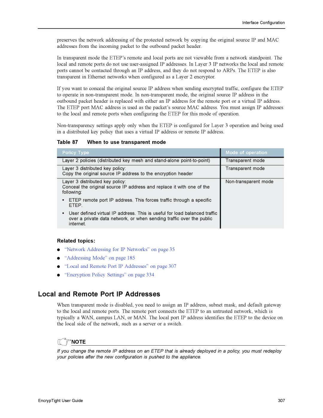 Black Box EncrypTight Local and Remote Port IP Addresses, When to use transparent mode, Policy Type Mode of operation 