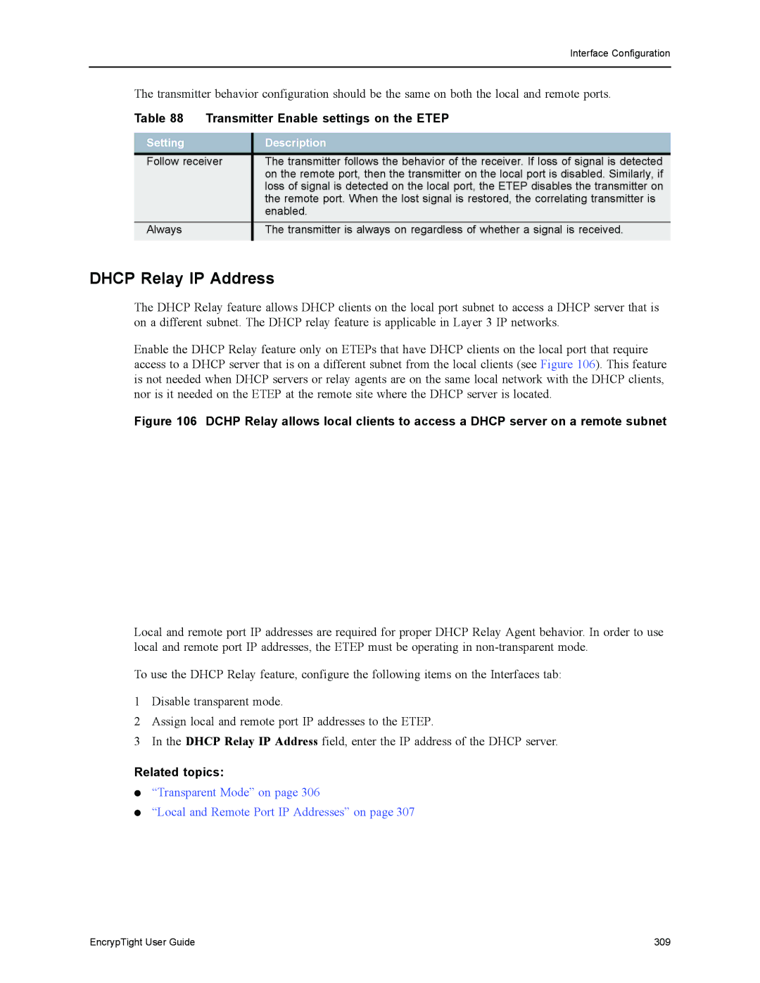 Black Box ET1000A, ET0010A, EncrypTight, ET0100A manual Dhcp Relay IP Address, Transmitter Enable settings on the Etep 