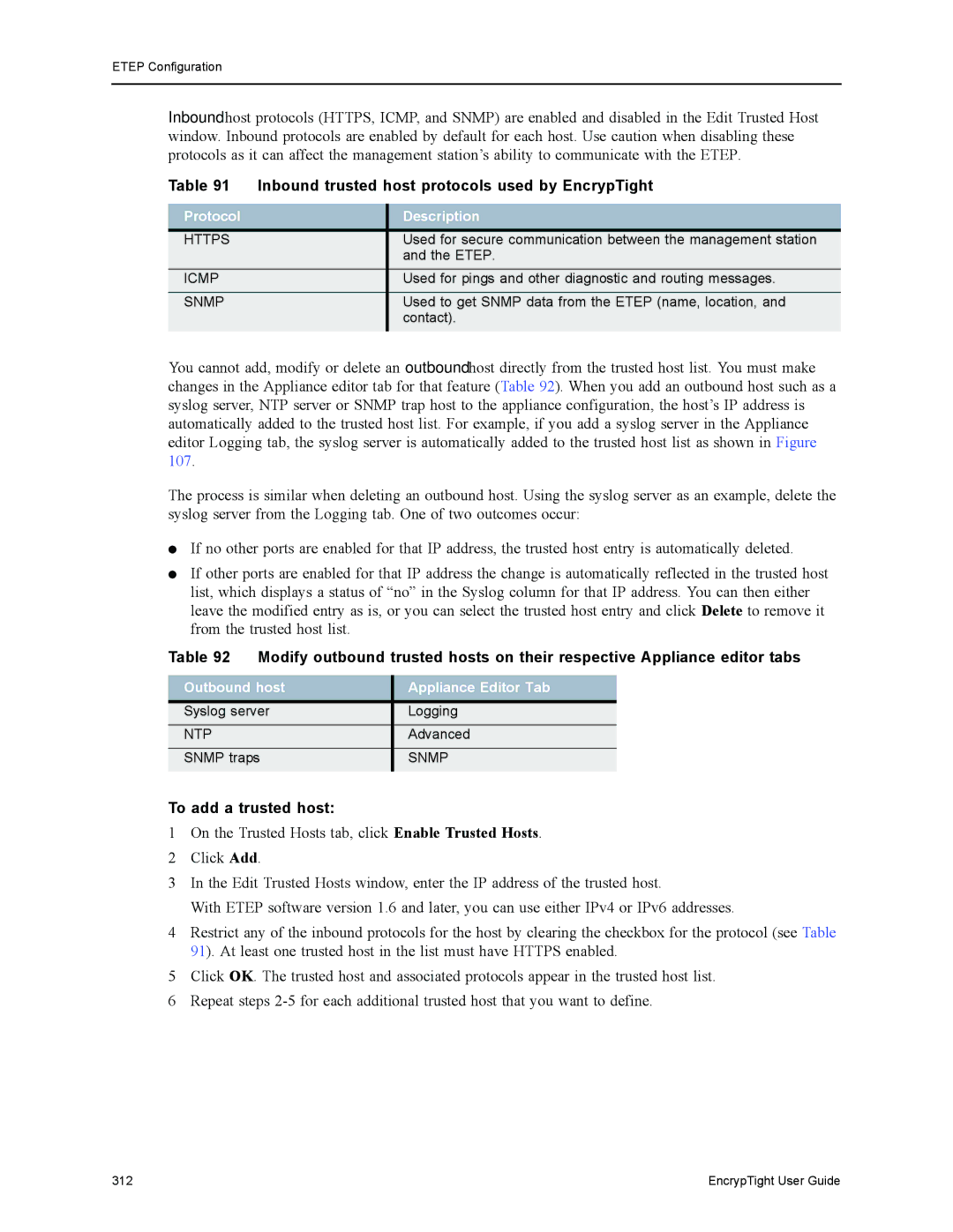 Black Box ET0100A, ET1000A, ET0010A Inbound trusted host protocols used by EncrypTight, To add a trusted host, Protocol 