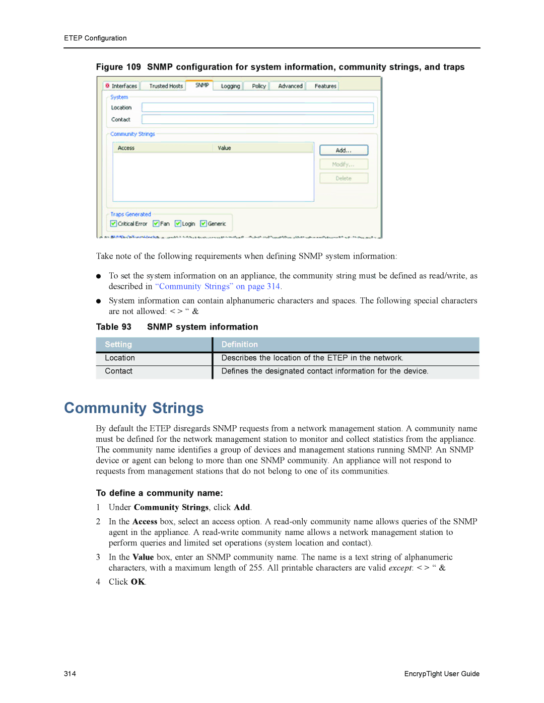 Black Box ET0010A, ET1000A, EncrypTight Community Strings, Snmp system information, To define a community name, Definition 