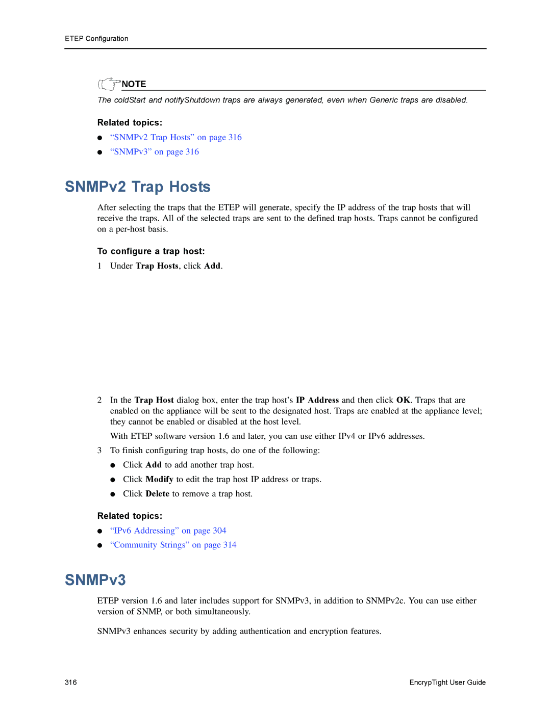 Black Box ET0100A, ET1000A, ET0010A, EncrypTight manual SNMPv2 Trap Hosts, SNMPv3, To configure a trap host 