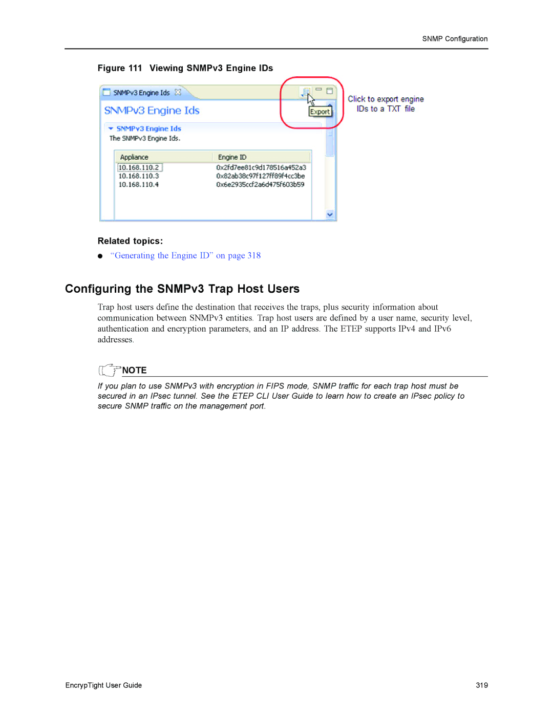 Black Box EncrypTight, ET1000A, ET0010A Configuring the SNMPv3 Trap Host Users, Viewing SNMPv3 Engine IDs Related topics 