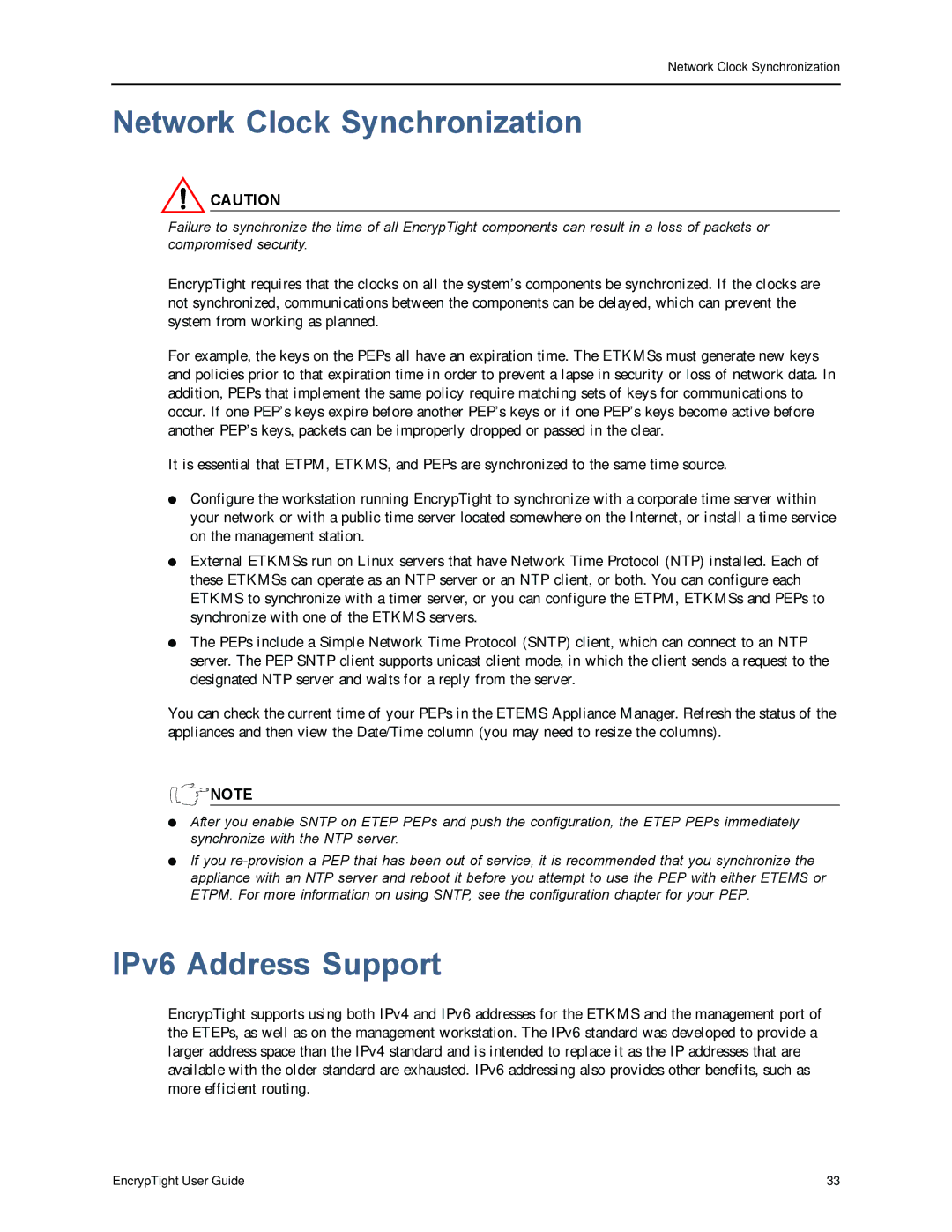 Black Box ET1000A, ET0010A, EncrypTight, ET0100A manual Network Clock Synchronization, IPv6 Address Support 