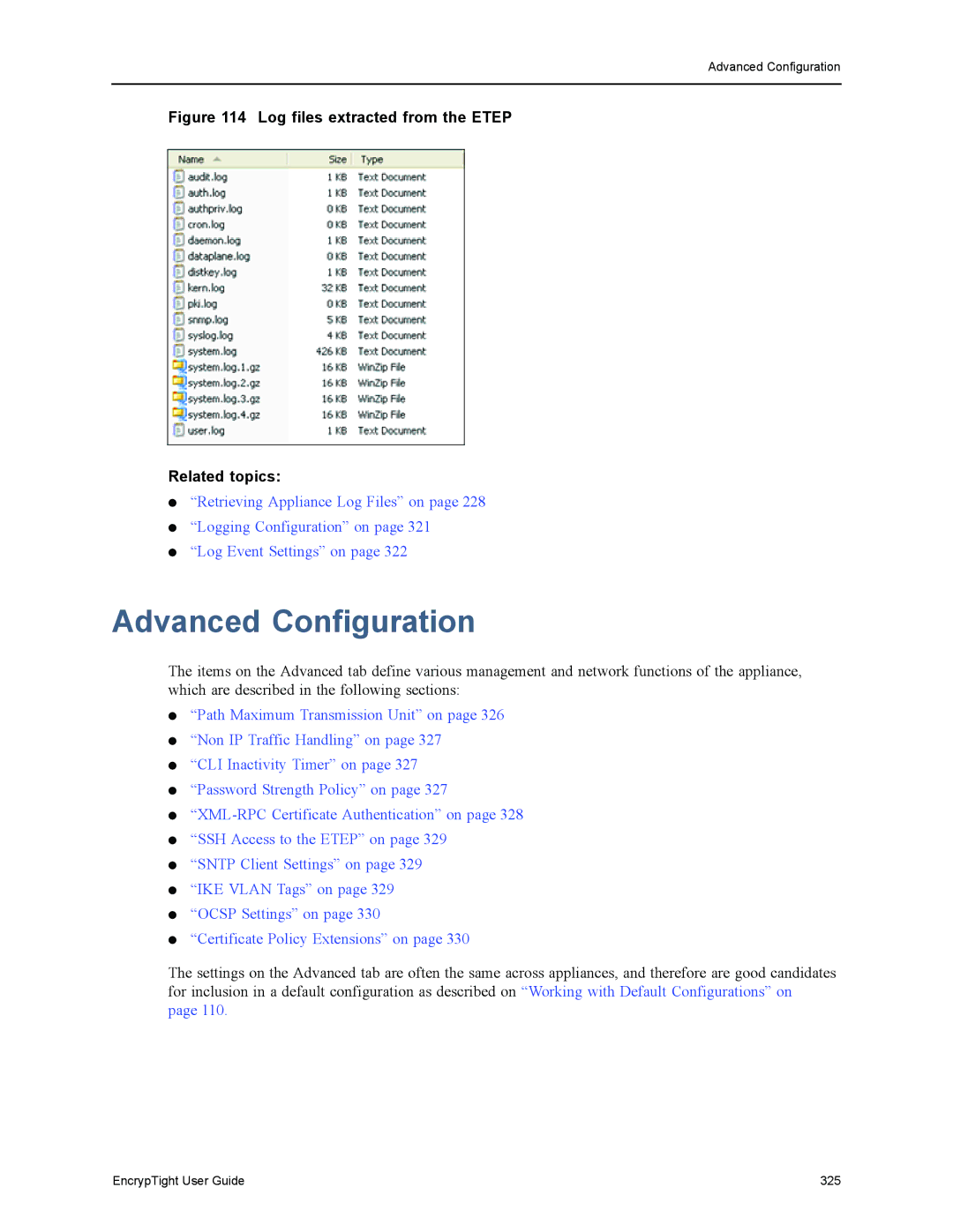 Black Box ET1000A, ET0010A, EncrypTight, ET0100A Advanced Configuration, Log files extracted from the Etep Related topics 