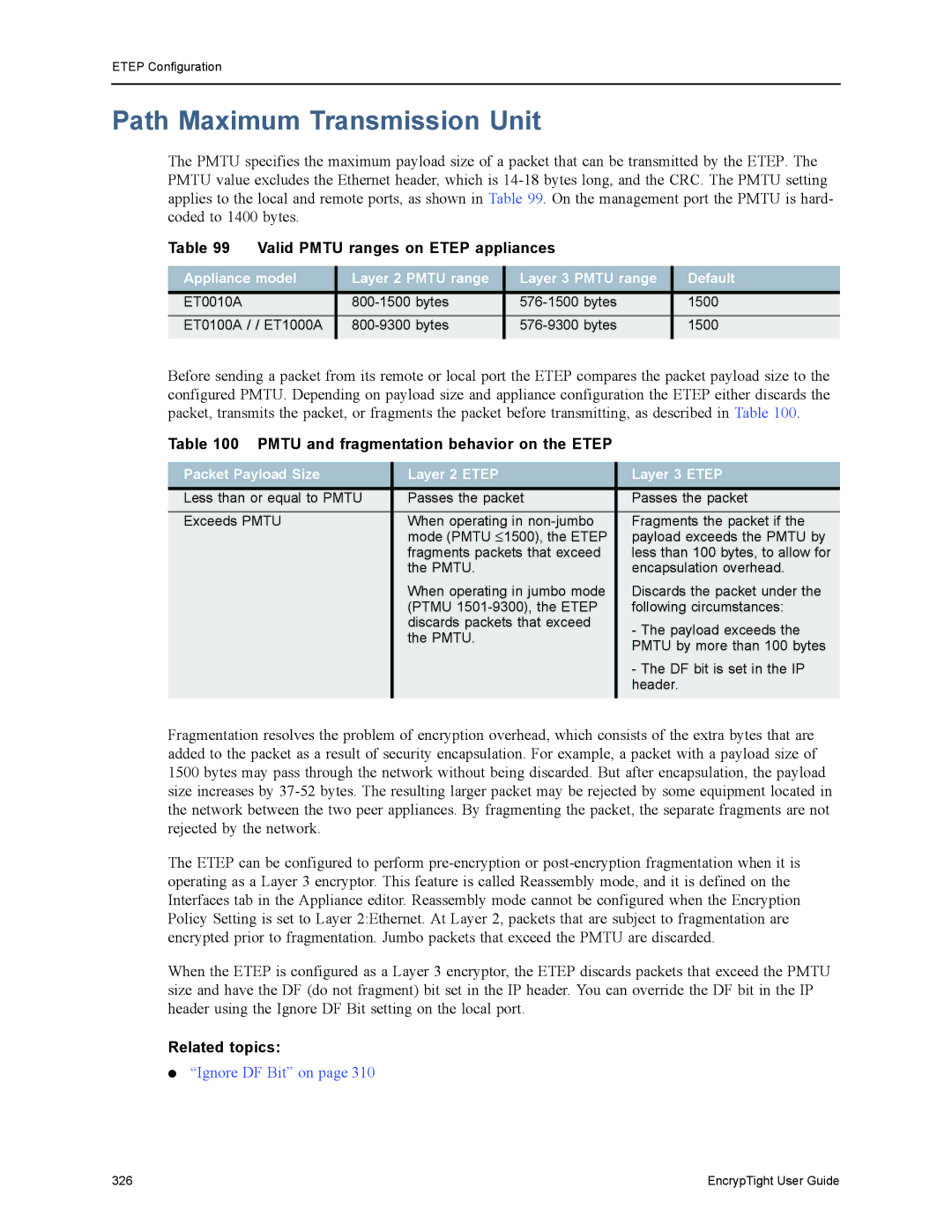 Black Box ET0010A, ET1000A, EncrypTight, ET0100A manual Path Maximum Transmission Unit, Valid Pmtu ranges on Etep appliances 