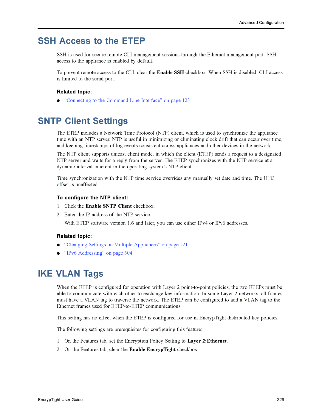 Black Box ET1000A, ET0010A manual SSH Access to the Etep, Sntp Client Settings, IKE Vlan Tags, To configure the NTP client 