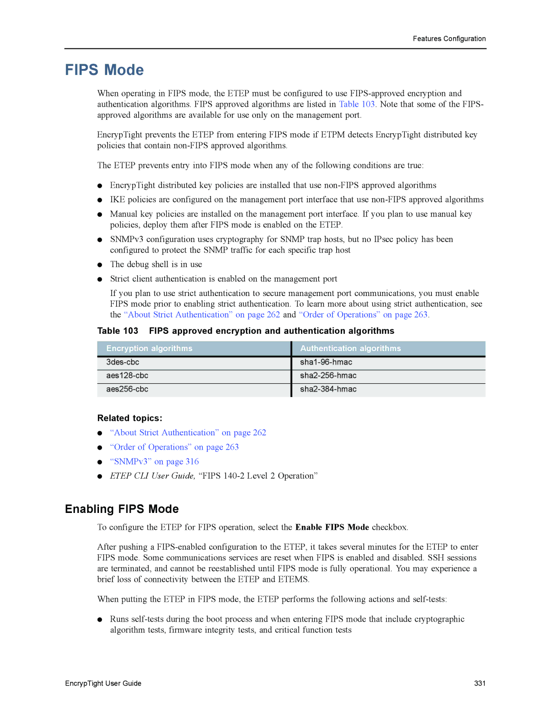 Black Box EncrypTight, ET1000A, ET0010A manual Enabling Fips Mode, Fips approved encryption and authentication algorithms 