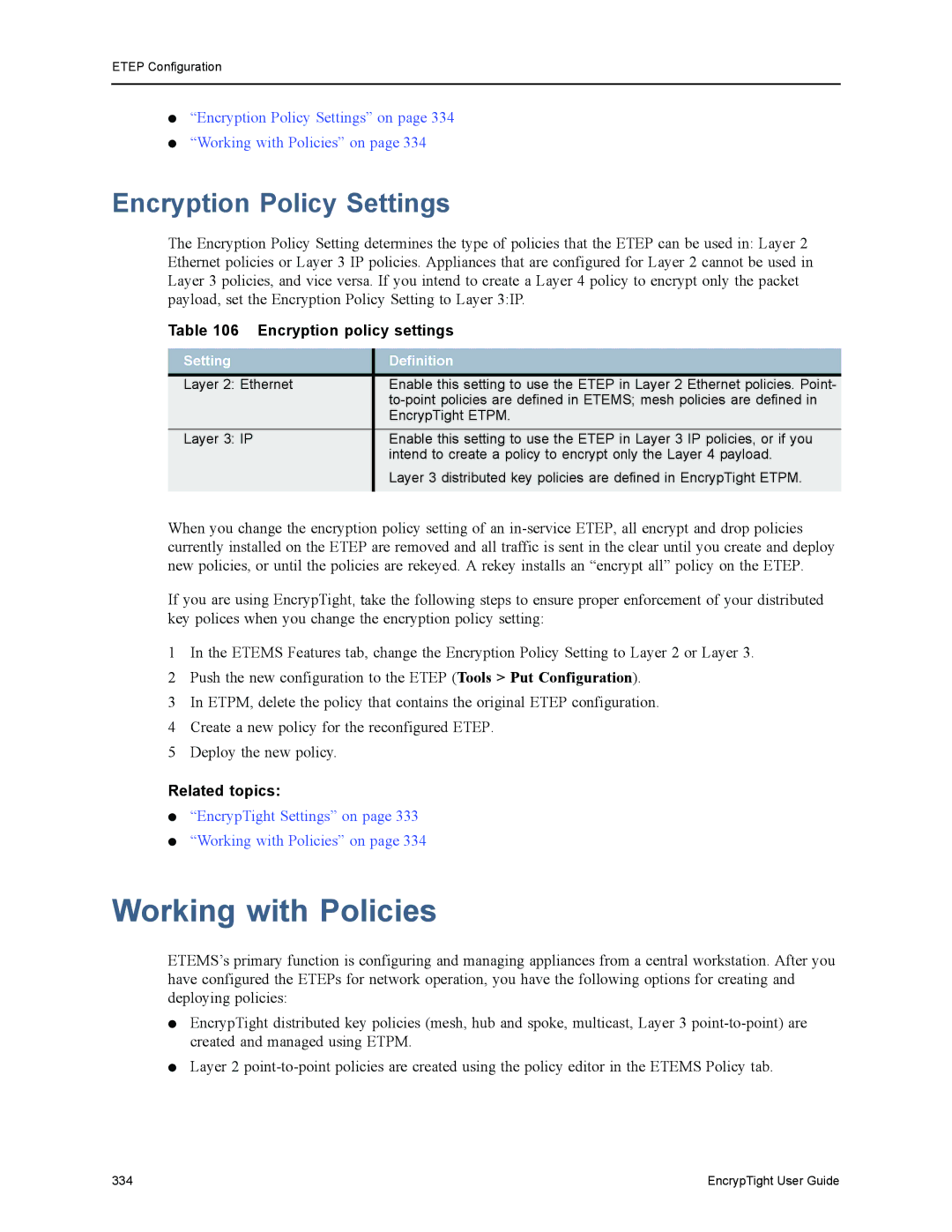 Black Box ET0010A, ET1000A, EncrypTight manual Working with Policies, Encryption Policy Settings, Encryption policy settings 