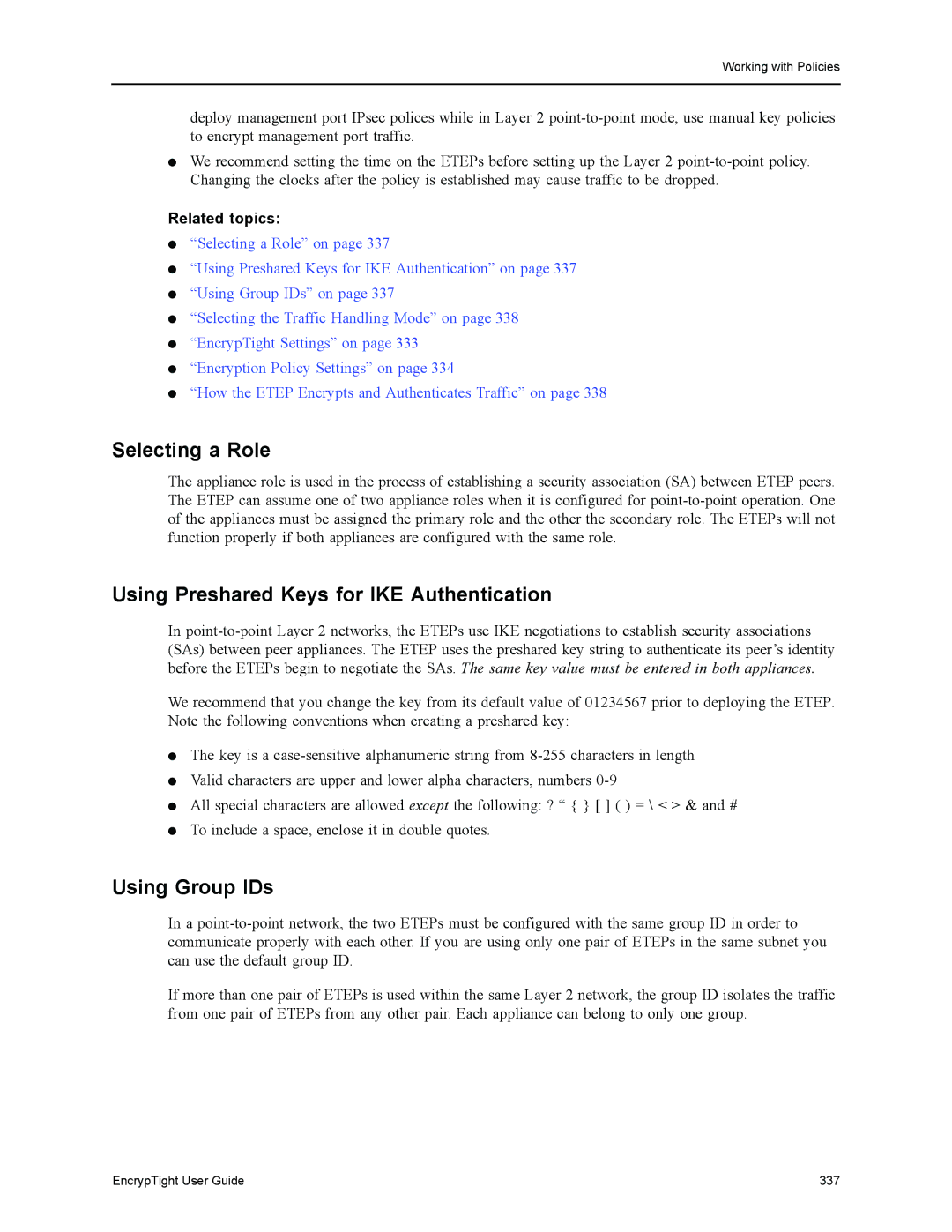 Black Box ET1000A, ET0010A, EncrypTight manual Selecting a Role, Using Preshared Keys for IKE Authentication, Using Group IDs 