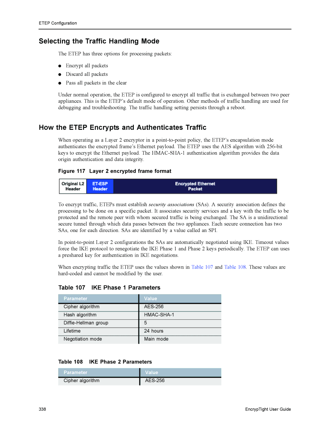 Black Box ET0010A Selecting the Traffic Handling Mode, How the Etep Encrypts and Authenticates Traffic, Parameter Value 