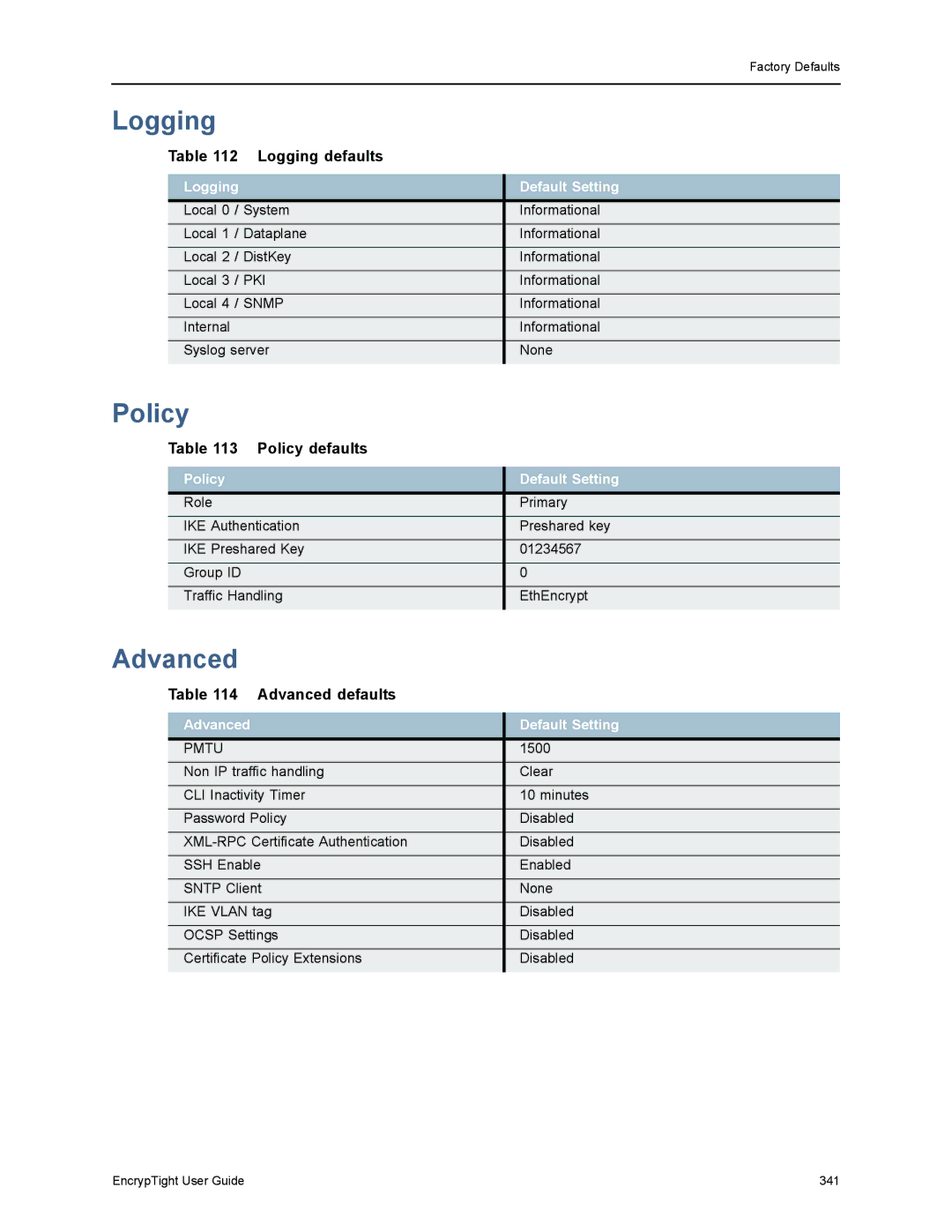 Black Box ET1000A, ET0010A, EncrypTight, ET0100A manual Logging, Policy, Advanced 