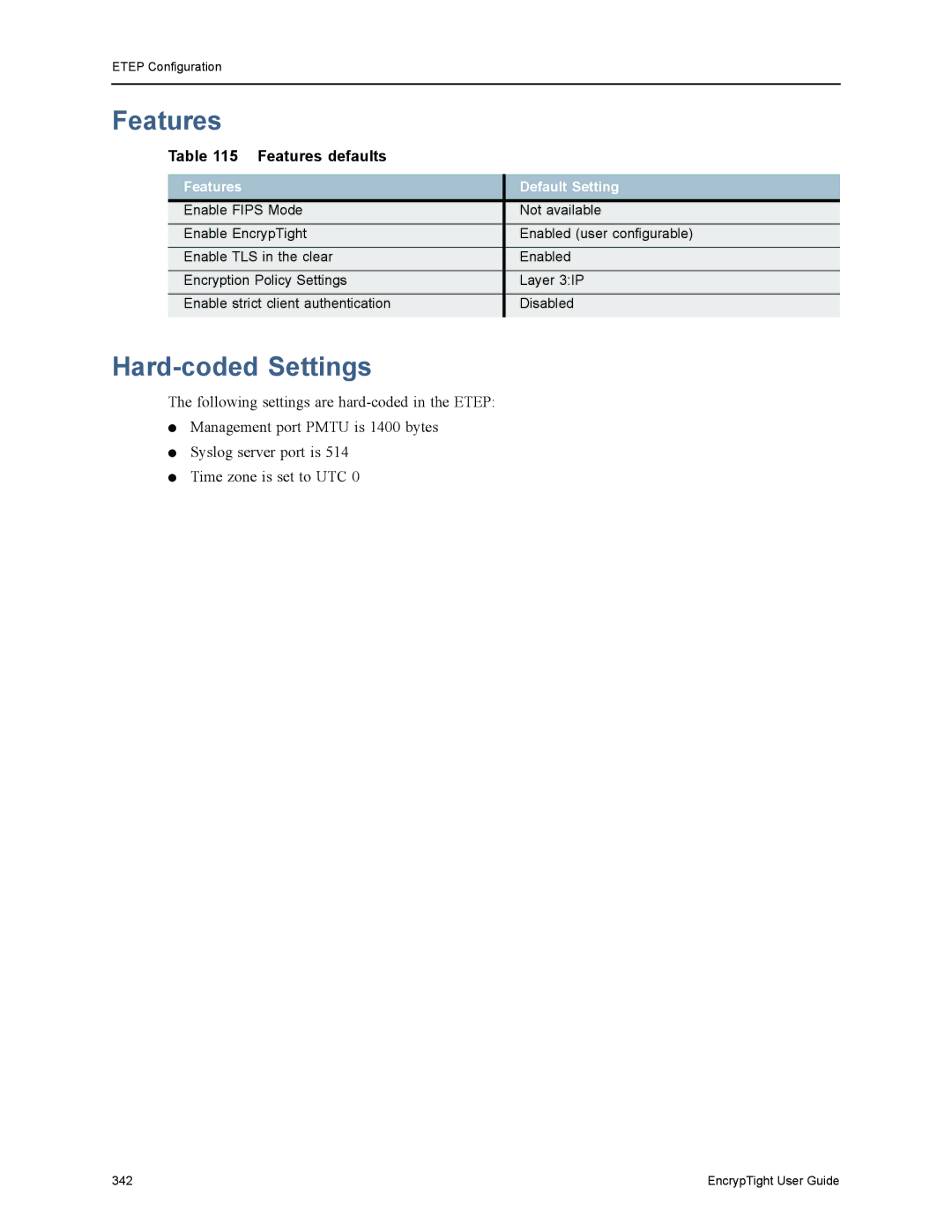 Black Box ET0010A, ET1000A, EncrypTight, ET0100A manual Hard-coded Settings, Features defaults, Features Default Setting 