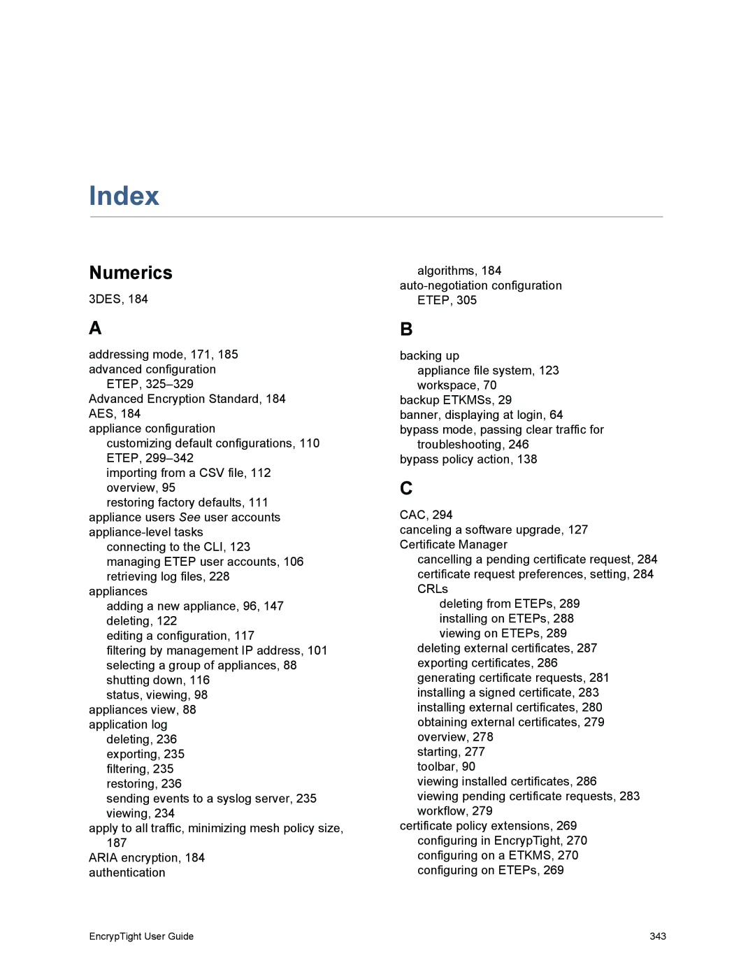 Black Box EncrypTight, ET1000A, ET0010A, ET0100A manual Index, Numerics 