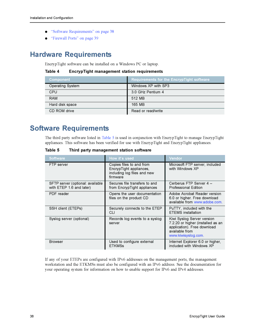 Black Box ET0010A, ET1000A manual Hardware Requirements, Software Requirements, EncrypTight management station requirements 